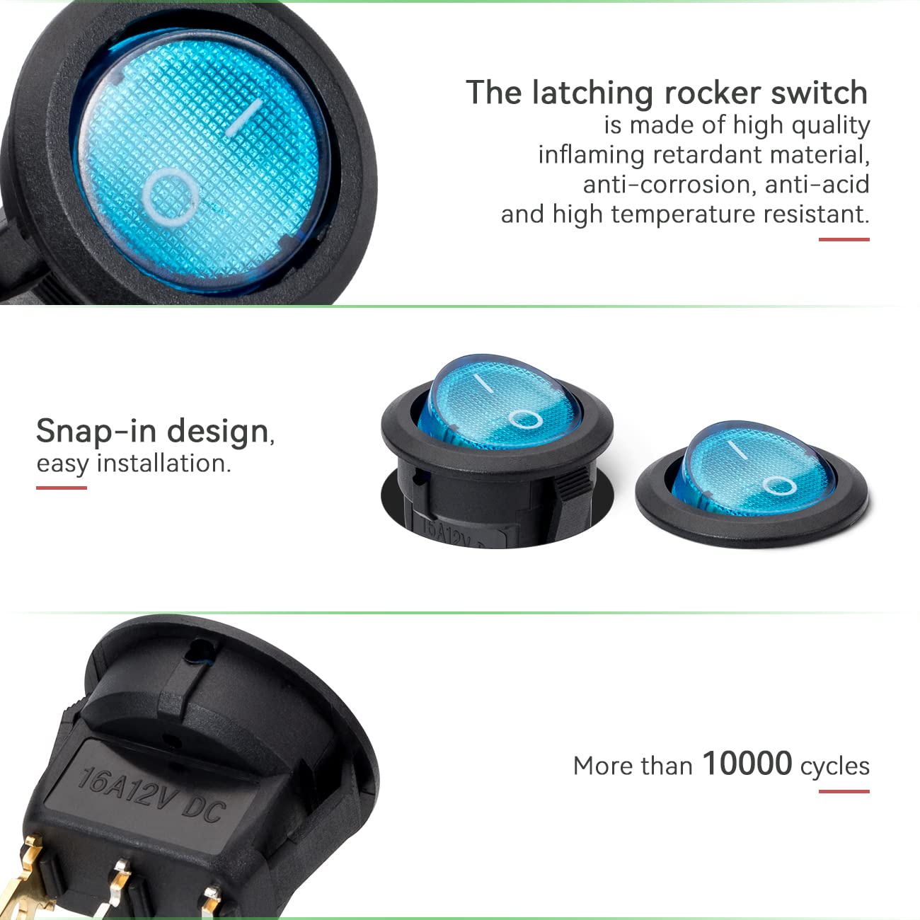 JANDECCN 6Pcs Round Boat Rocker Switch 12V 16A SPST On/Off Switch with LED Light for Car Boat Marine RV (Blue)