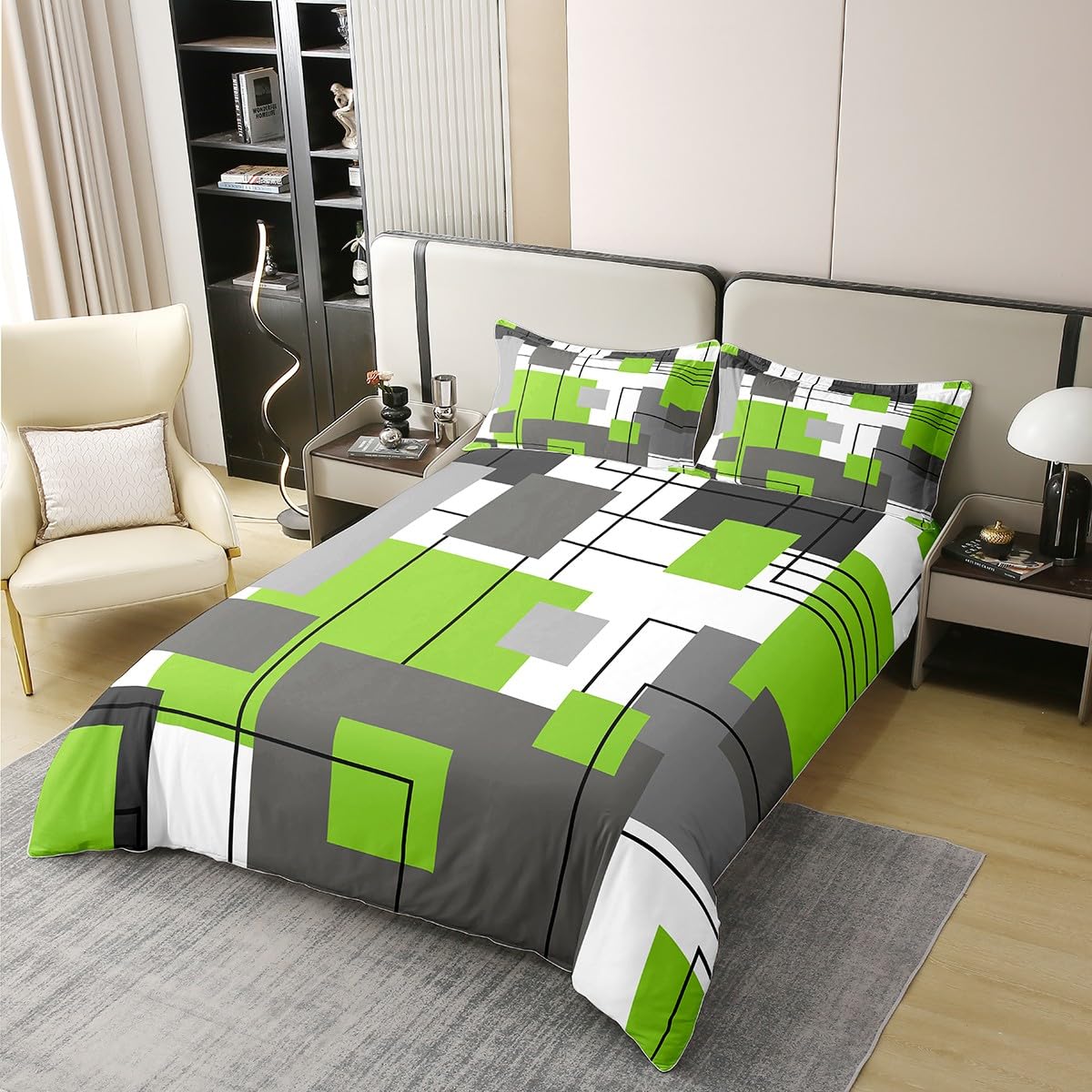 100% Cotton Lime Green Gray Geometric Bedding Set Double Black Grey White Square Duvet Cover for Kids Boys Girls Abstract Striped Comforter Cover Simple Lines Modern Bed Set 2 Pillow Cases - Image 3