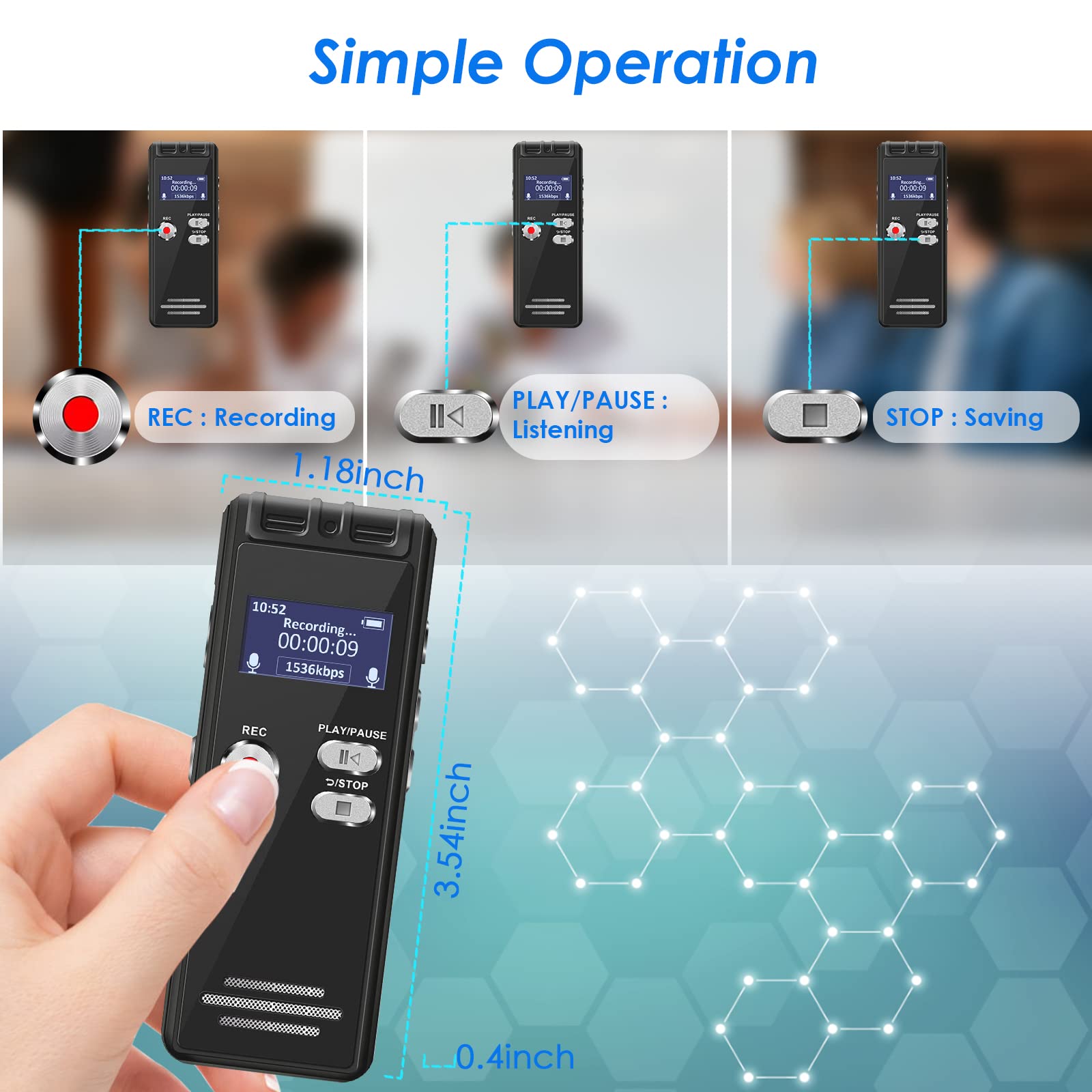 16GB Grabadora de Voz Activada Mini- 3072kbps Grabadora Voz Digital Portátil con Reproductor de MP3 y Contraseña, Dictáfono con Entrada de Micrófono y Línea para Reuniones, Conferencias Clases