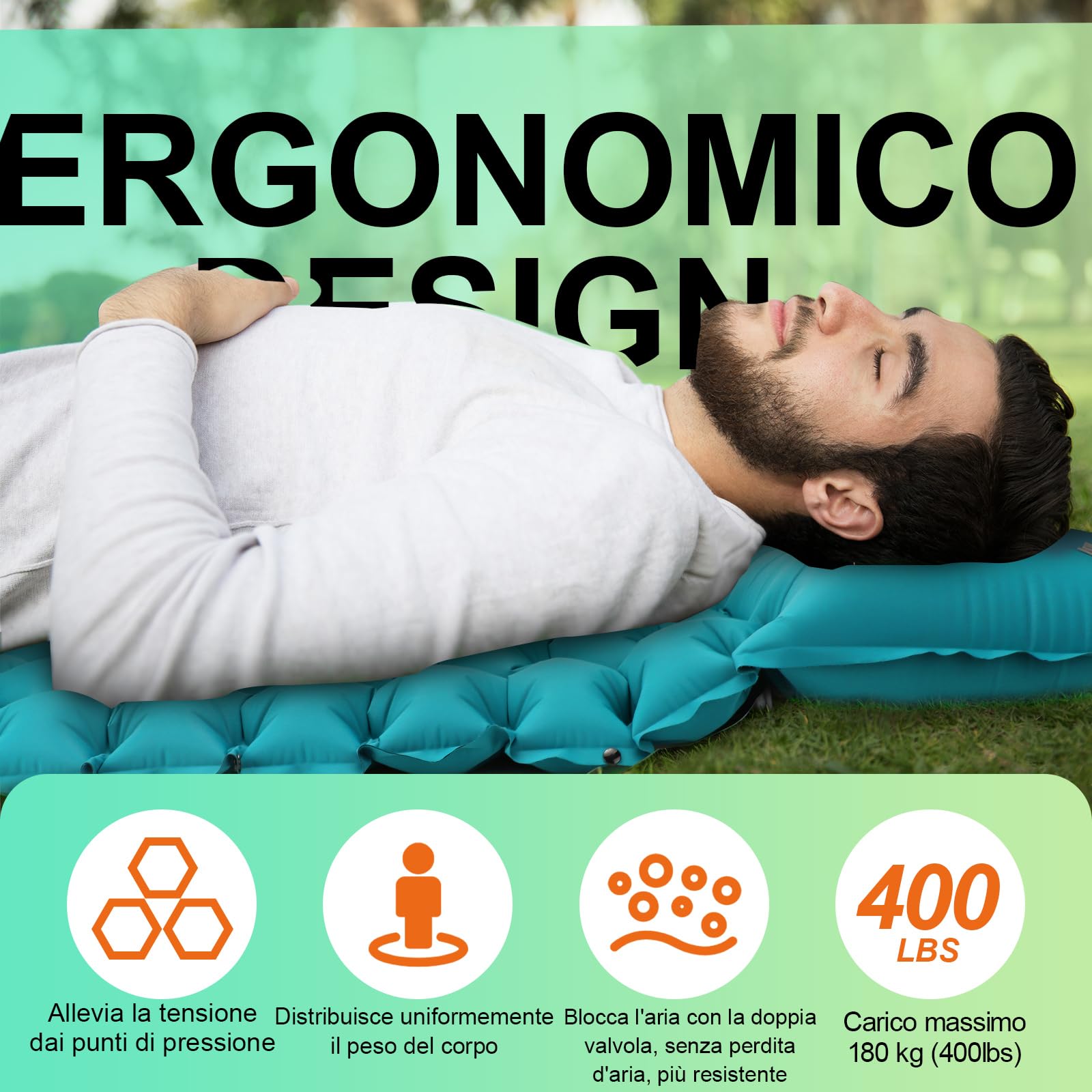 Materassino Campeggio Autogonfiante, Ultraleggero Materasso Gonfiabile Singolo con Cuscino per Campeggio, Outdoor, Spiaggia, Escursionismo, Portatile Materassino Autogonfiante