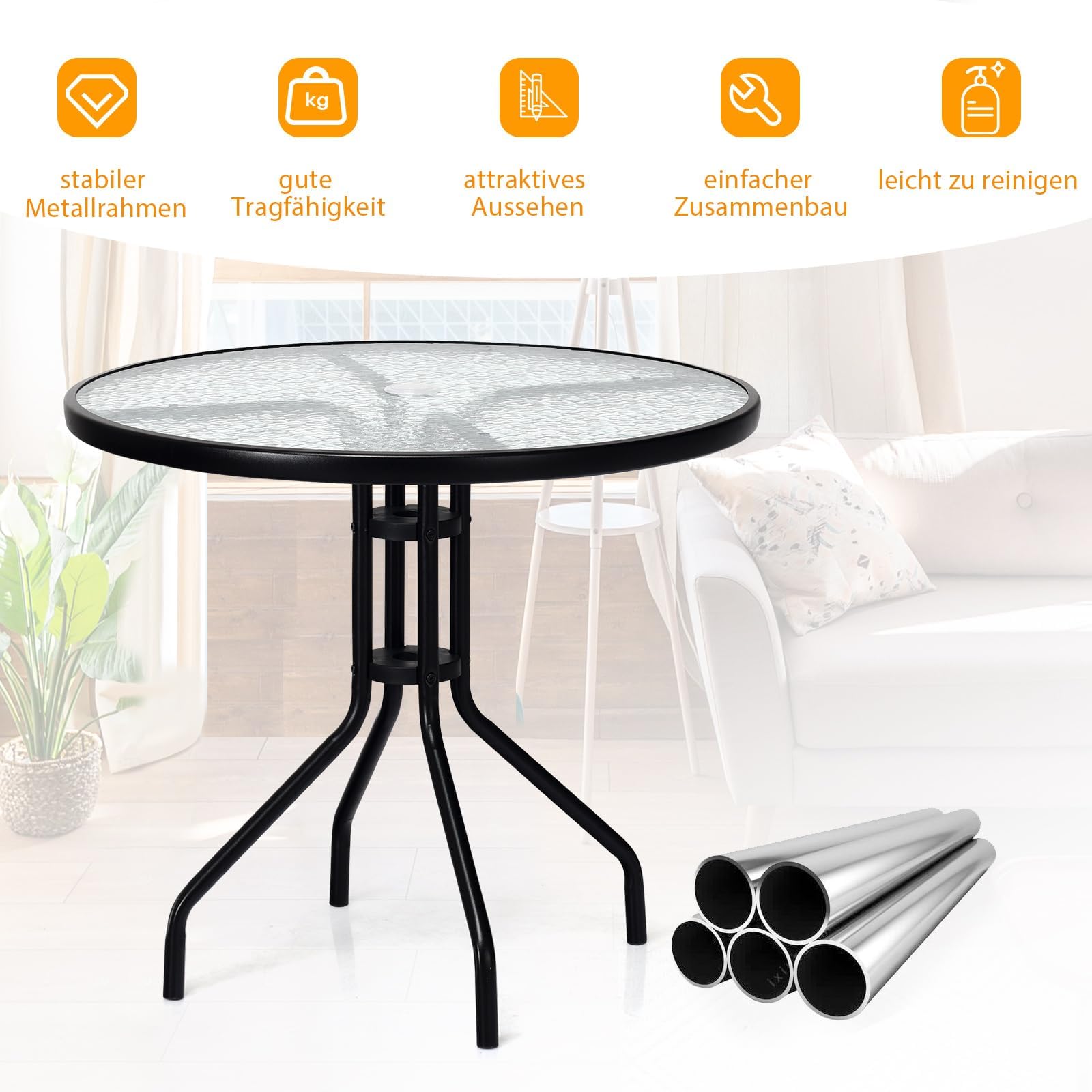 GOPLUS Stolik pomocniczy, okrągły, Ø 70 cm, stół ogrodowy metalowy ze szklanym blatem i otworem na parasol 43 mm, stół balkonowy, mały, odporny na warunki atmosferyczne, stolik bistro, stolik kawowy,