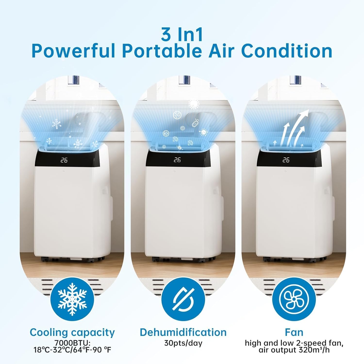 GarveeHome Condizionatore Portatile 12000 BTU 4in1 Funzionamento Silenzioso Display Digitale Telecomando Timer 24Ore Tubo Scarico Kit Finestra Raffreddamento fino 51m² Casa Ufficio (12000 BTU 4-in-1)