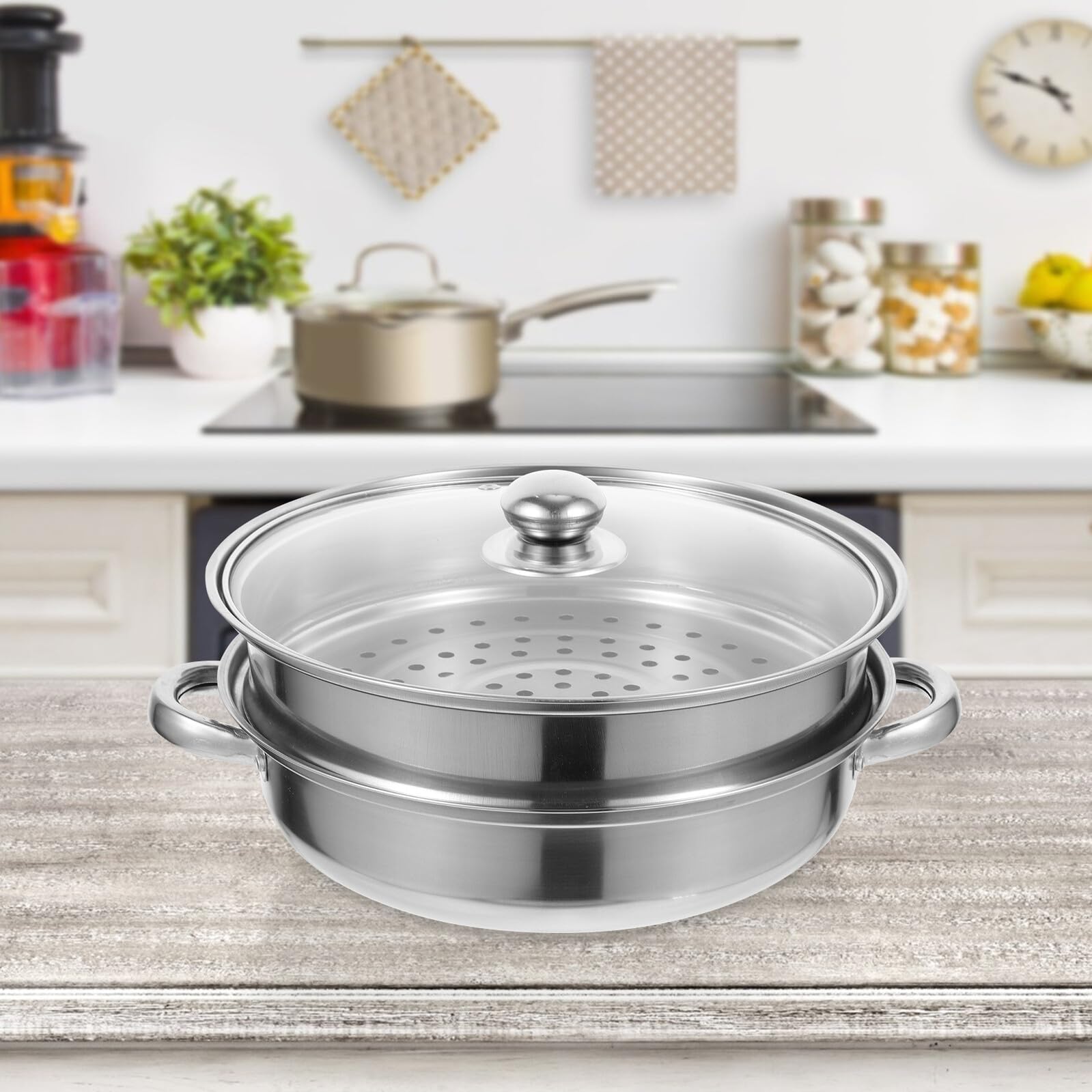 Olla Vaporera de Acero Inoxidable Doble Capa para Cocina Diseño de Asa, Cocedor de Verduras al Vapor Multifunción Adecuado para Uso en Cocina
