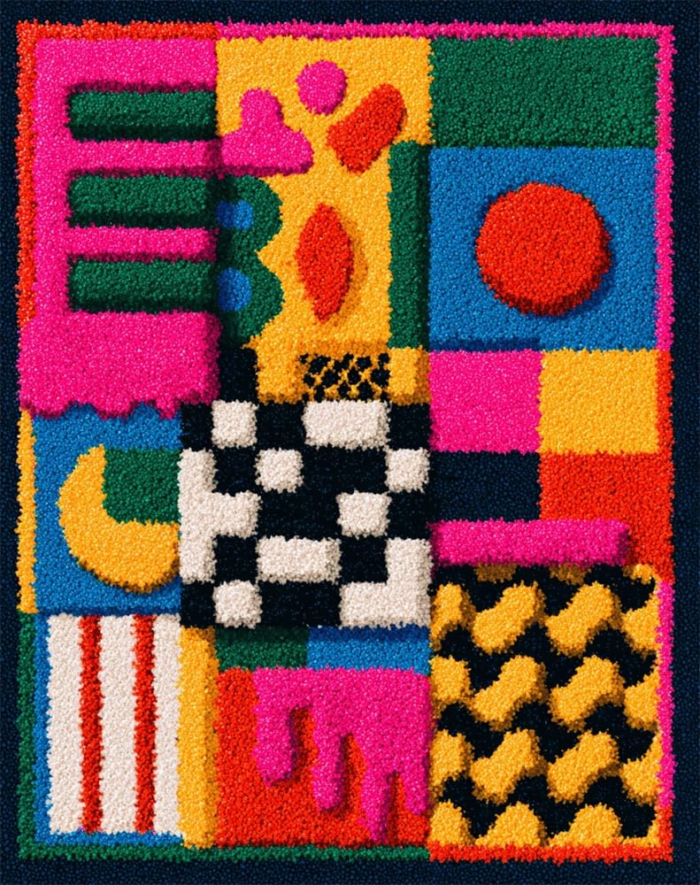 FWRTYCB Latch Hook Kits Rug Making Crafts with Colorful Pattern Printed,Geometric Patterns 20X15Inch Large Latch Hook Rug Kit Tapestry Rug Making Kits DIY Crafts Unfinished Handmade Crochet Yarn for