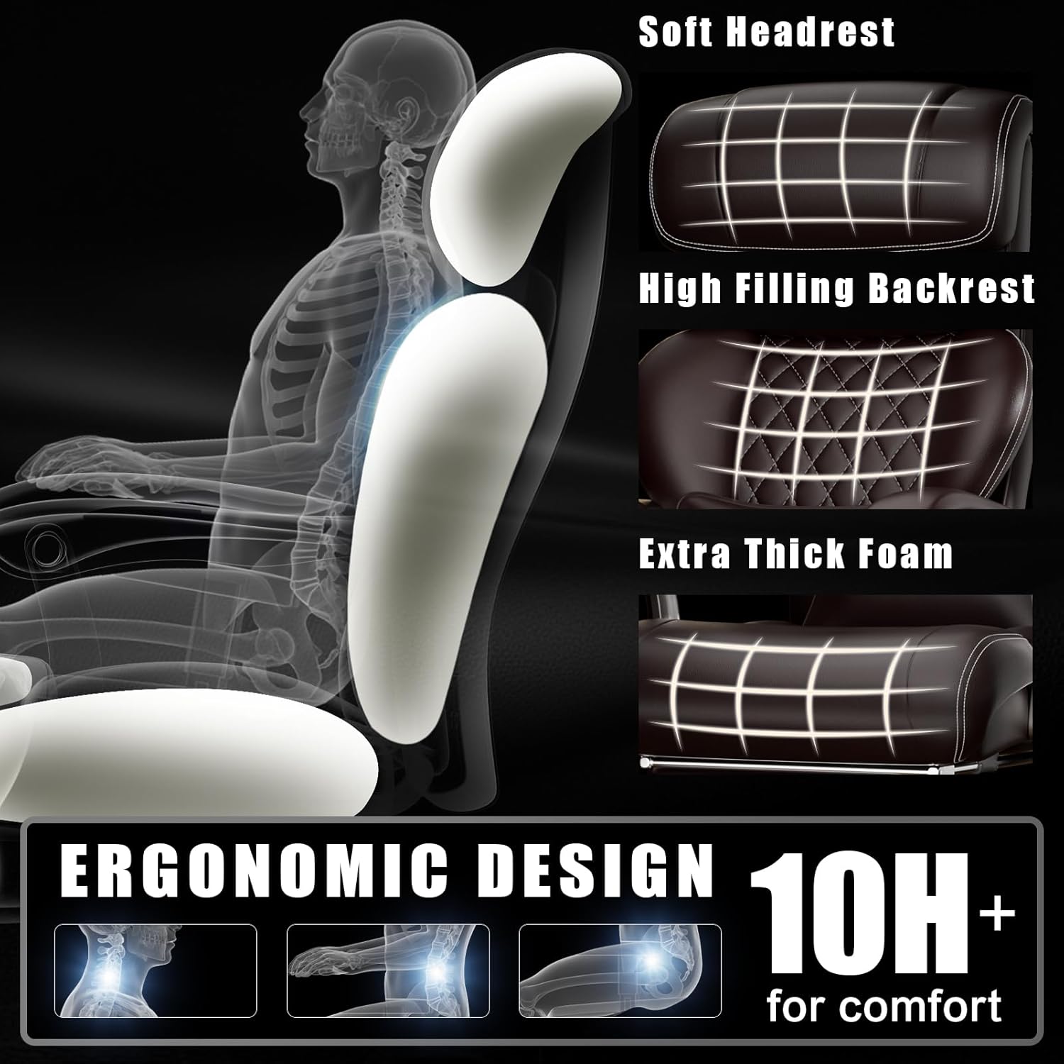 Czlolo Executive Big and Tall Office Chair, 7.83Hz Schumann Resonance Sleep Aid & Heating Stress Relief Heavy Duty Metal Base Desk Chair, Silent Rubber Wheels, Thick and Wide Cushion, Dark Brown