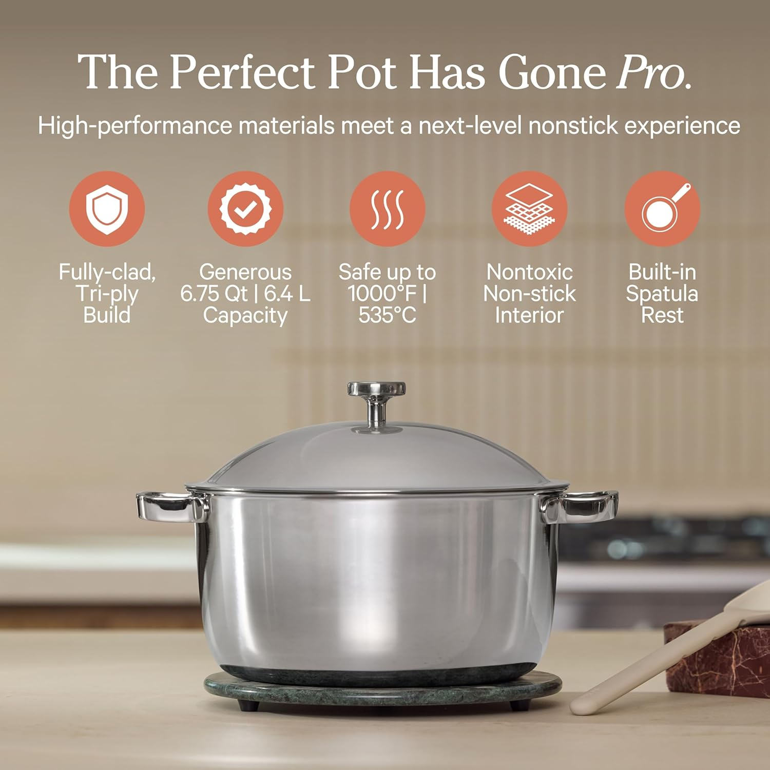 Our Place Titanium Perfect Pot Pro | 6.75 Qt Stock Pot with Lid & Silicone Spoon | PFAS-Free Nonstick, Fully-Clad Tri-Ply Stainless Steel & Aluminum | Induction & Oven-Safe up to 1000°F | Chrome