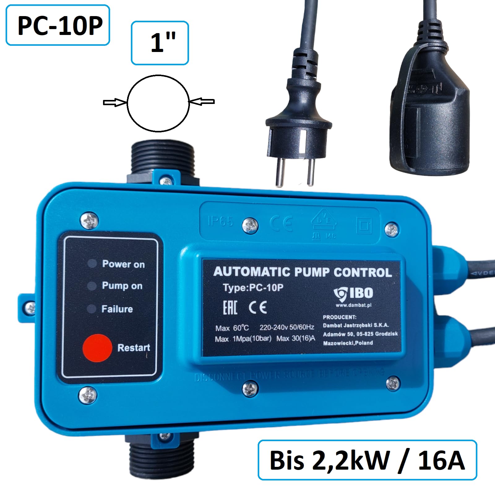 Pumpensteuerung PC-10P für Gartenpumpe/Tiefbrunnenpumpe 1" bis 2,2kW -16A