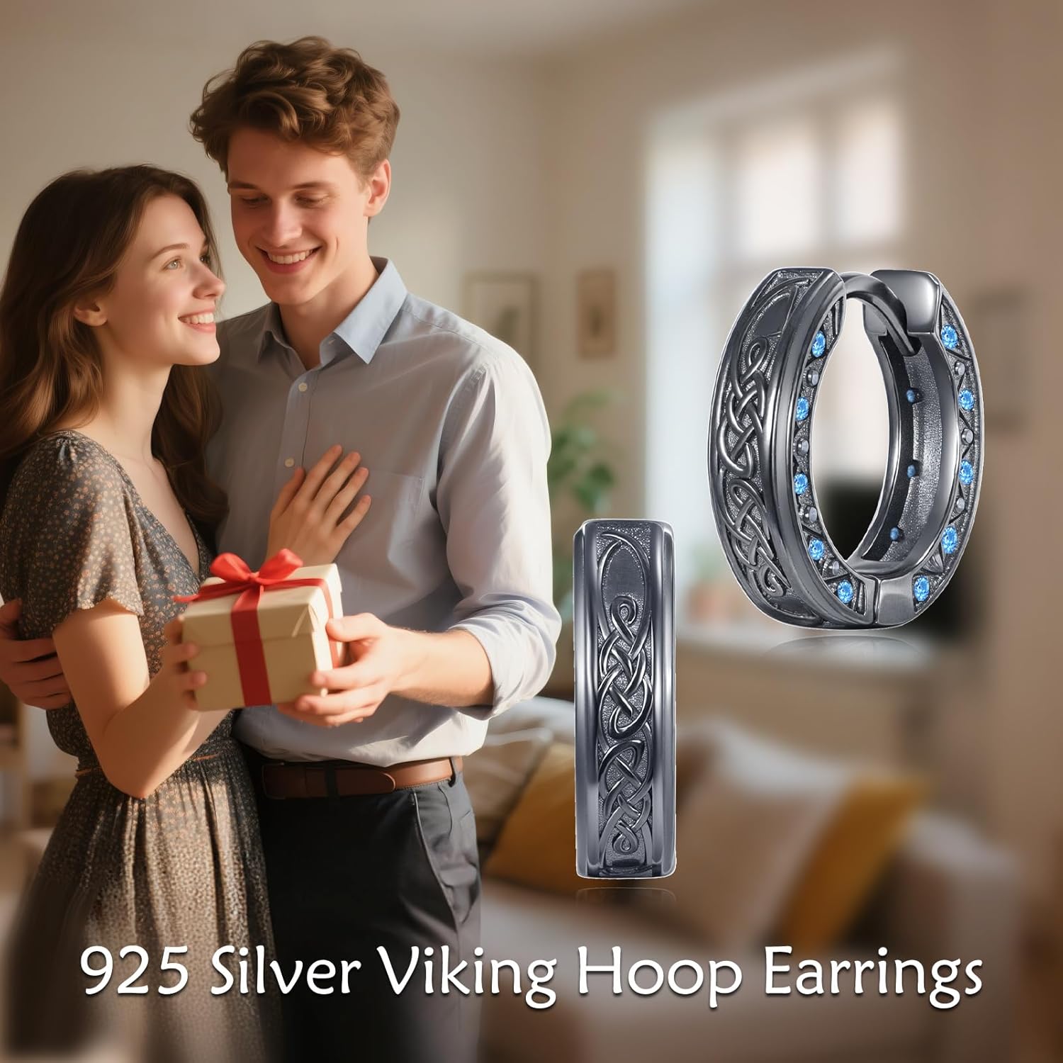 Norse Viking Earrings for Men Women 15mm - S925 Sterling Silver Black Celtic Knot Hoop Earring with Blue Stone Viking Jewelry Gifts - Image 6