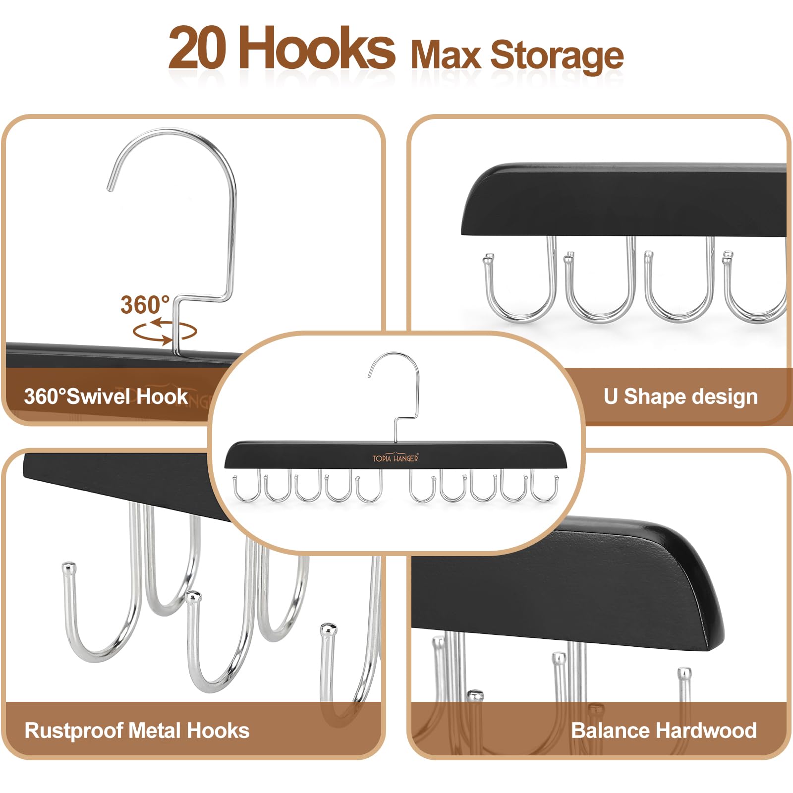TOPIA HANGER CT46B - Percha de sujetador para armario, 20 ganchos de capacidad, plegable, de madera, ahorra espacio, organizador de armario para camiseta sin mangas, sujetador, bufanda, cinturón,