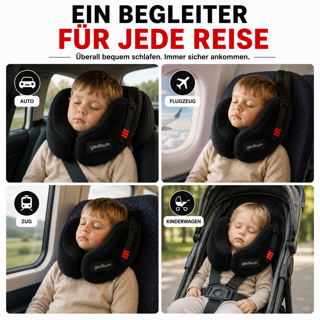 Gedikum® Sicherheits-Schlafkissen für Kinder – Reisekissen & Nackenkissen für Kindersitz, Auto & Flugzeug – Kopfstützkissen für Kinder von 18 Monaten bis 12 Jahren – Basic Velvet Schwarz