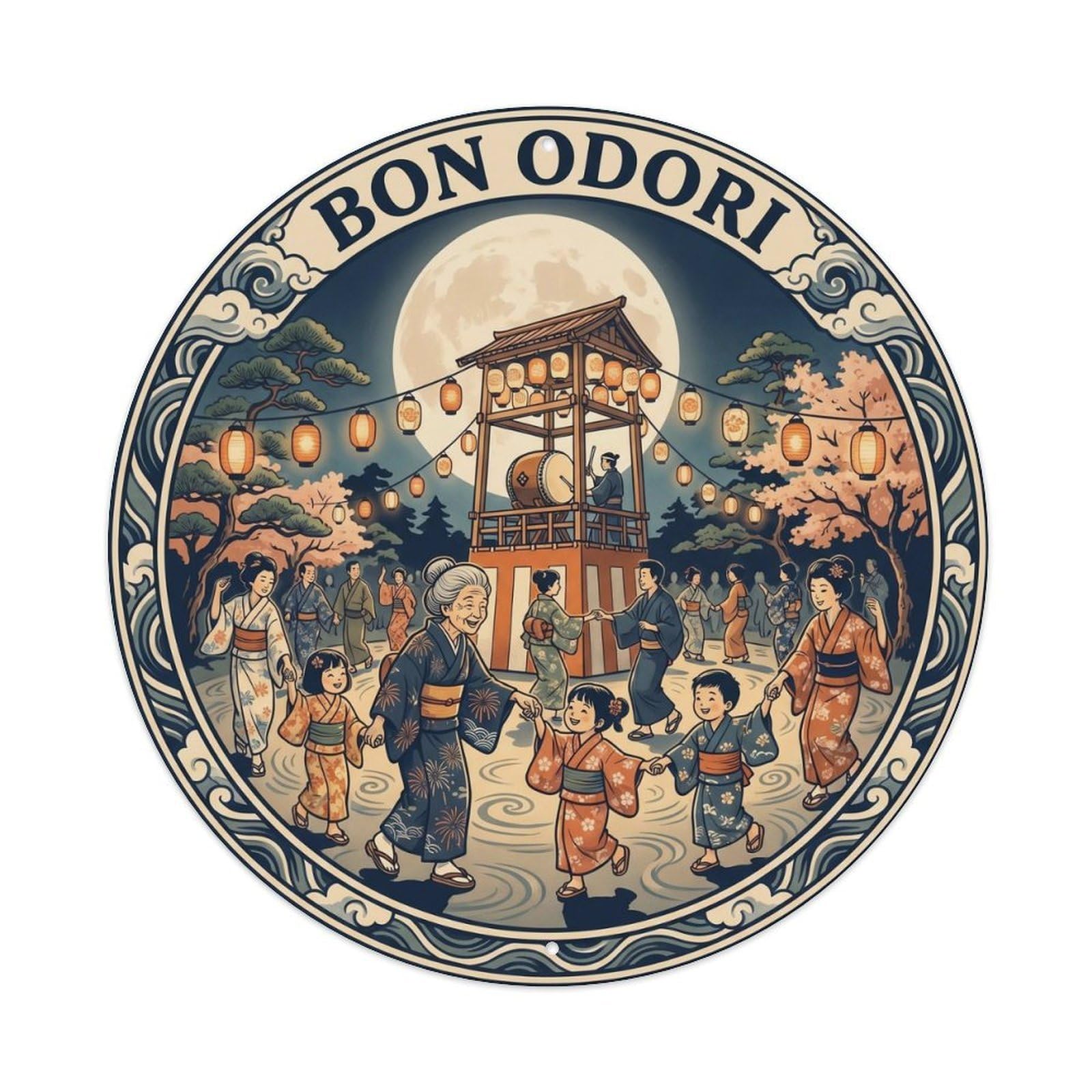 Olyhtr 8X8inch Classic Style Matsuri Bon Dance Night Woodblock Navy Lantern Metal Tin Sign
