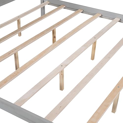 Miniatura 9 de Cama con dosel tamaño King con plataforma de madera con 4 pósters, cabecera y pata de soporte de listones, para niños, adolescentes y adultos (King,