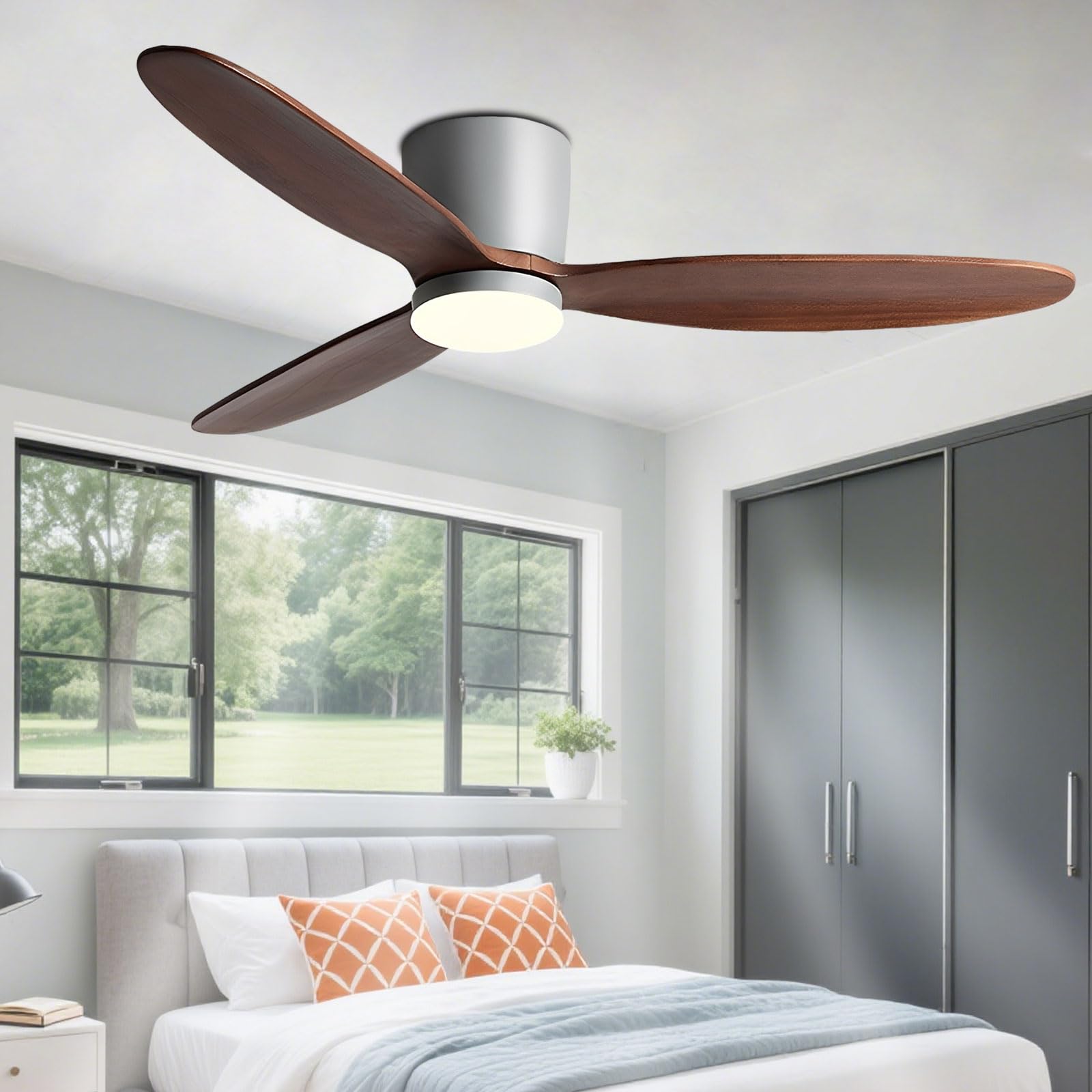 Ventilateur de plafond pour chambre et salon avec lumière intégrée en bois