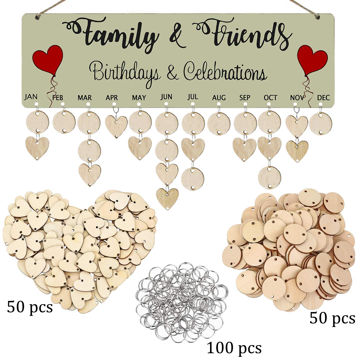 Birthday Calendar Board Gifts for Mom Grandma, Wooden Family Birthday Plaque with 100 Tags, Reminder Calendar Board Wall Hanging, Best Christmas Gifts Idea from Daughter Son Unique