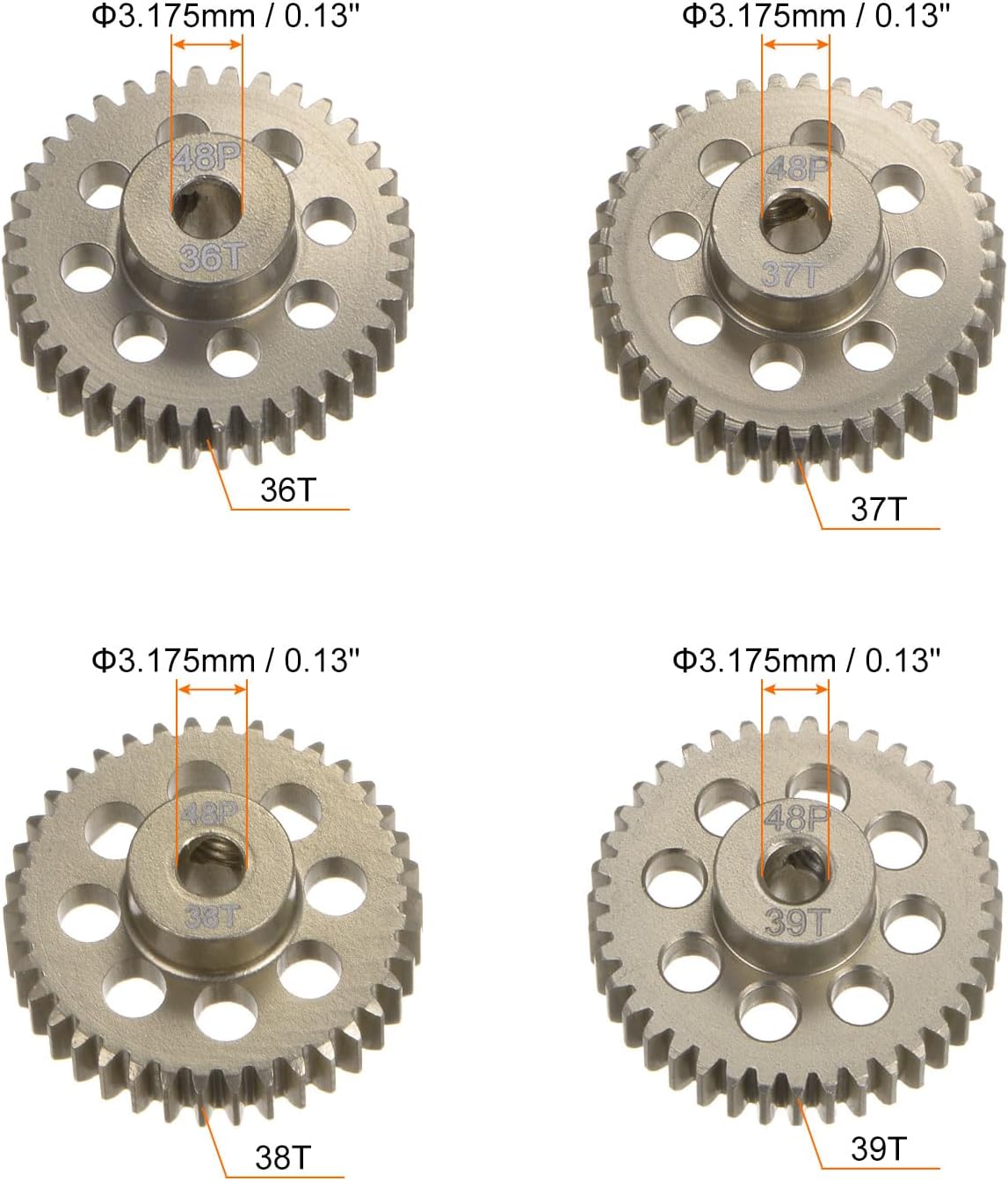 HARFINGTON 48P Hardened Pinion Motor Gear Set 4pcs 36T 37T 38T 39T Fit 1/8 inch RC Motor Shaft 48 Pitch 7075 Aluminum Gears for RC Car, with Hex Key