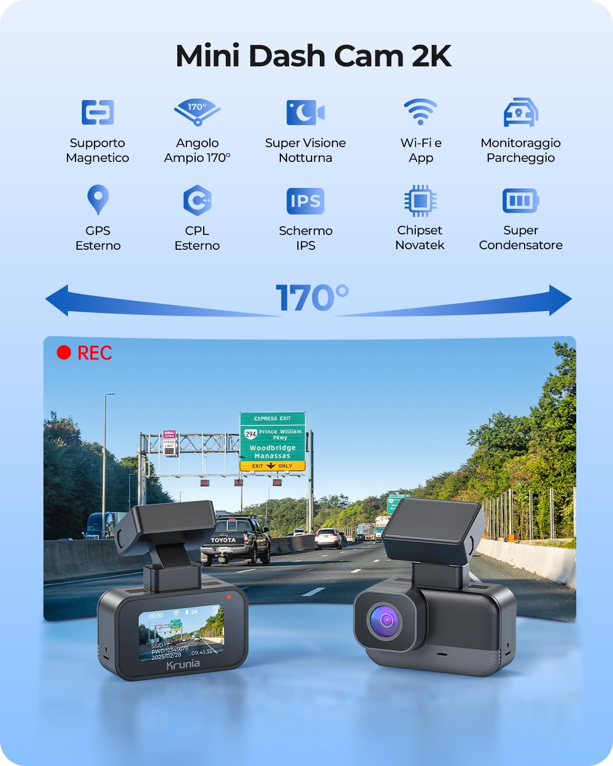 2K Wi-Fi Mini Dash Cam Auto, Telecamera con App, Compatibile con CPL e GPS Esterni, Supporti Magnetici, Visione Notturna WDR, Sorveglianza Parcheggio 24h, Supercondensatore, Angolo 170°