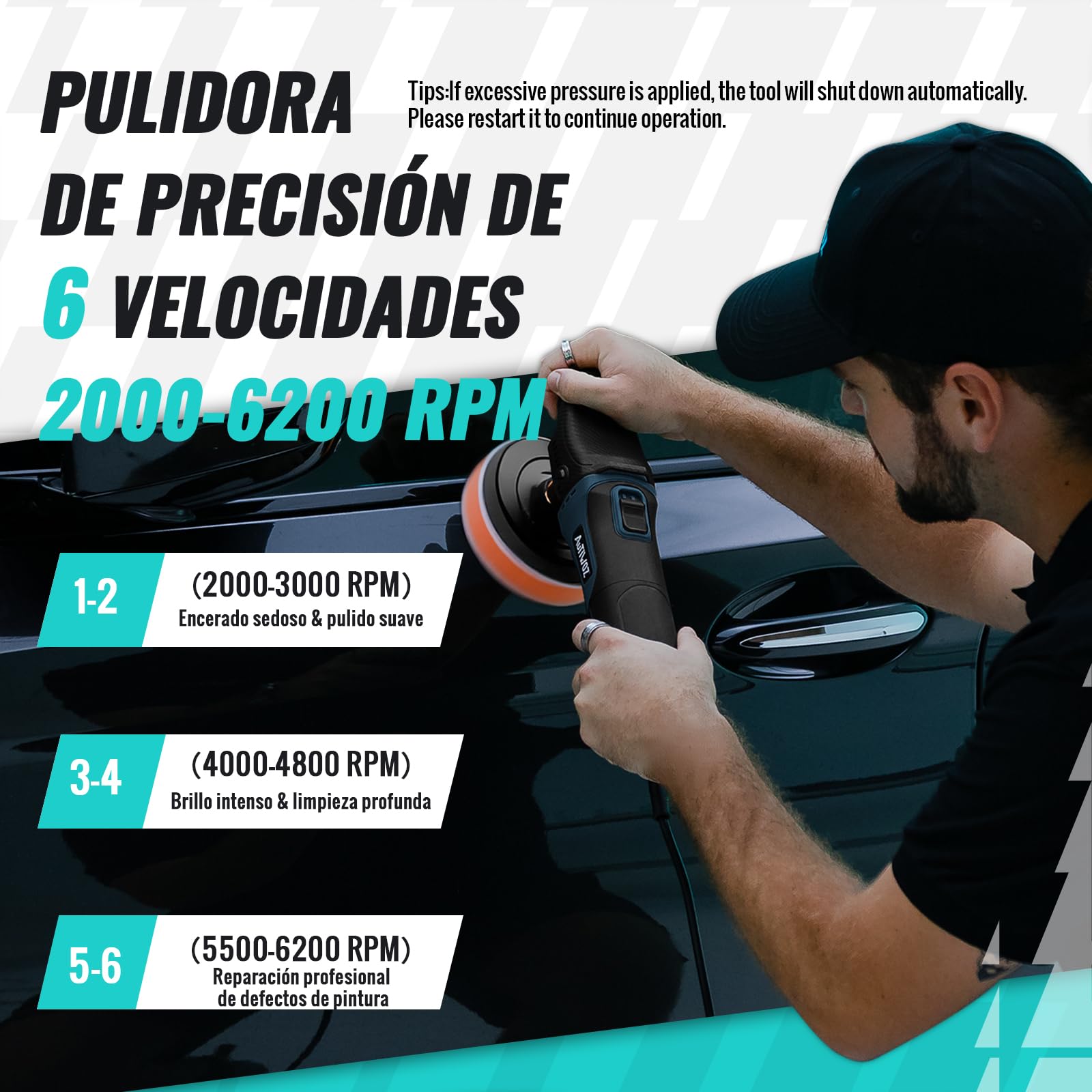AUTIWOZ Mini Pulidora Automotriz de 630W, 6 Velocidades Variables 2500-4500 rpm, Asa Lateral, Almohadillas/Disco de Lana/Papel Abrasivo de 100mm/125mm, para Pulido de Vehículos