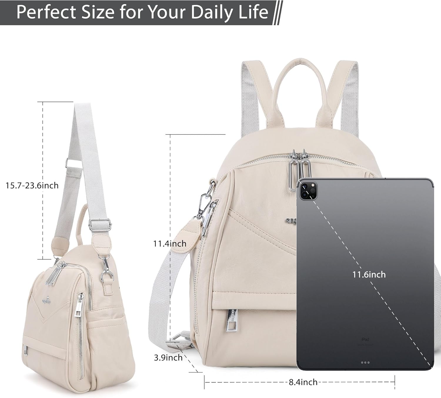 Angel Kiss Small Backpack Purse for Women,Soft Vegan Leather Roomy Backpacks,Designer Ladies Shoulder Backpack Fashion Handbag with Removable Strap,Beige