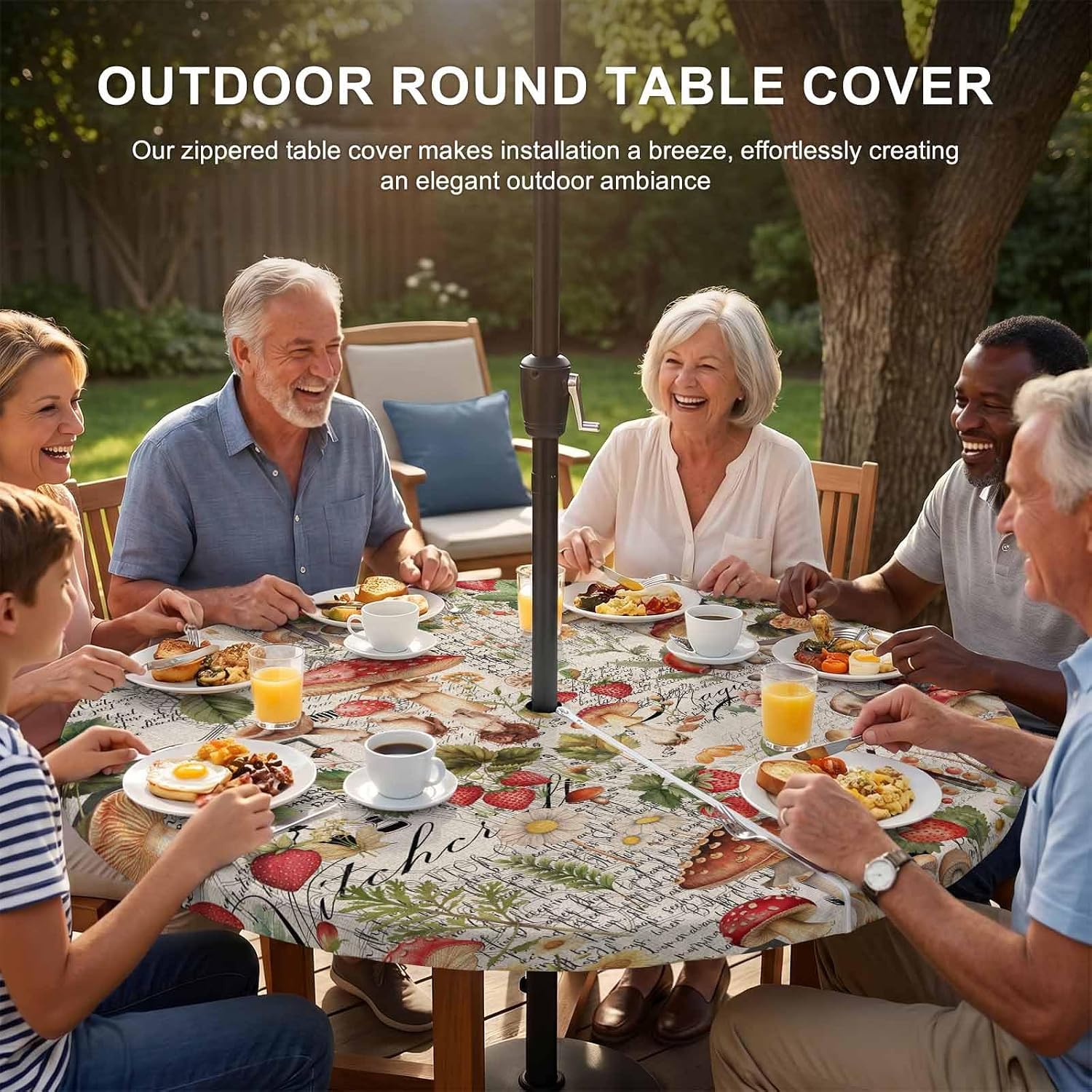 Mushroom Waterproof Outdoor Tablecloth with Umbrella Hole and Zipper,Round Fitted Table Covers with Elastic,Pastoral Summer Botanical Watercolor Spring Floral Patio Table Cloth Fits 31"-35" Tables image 5