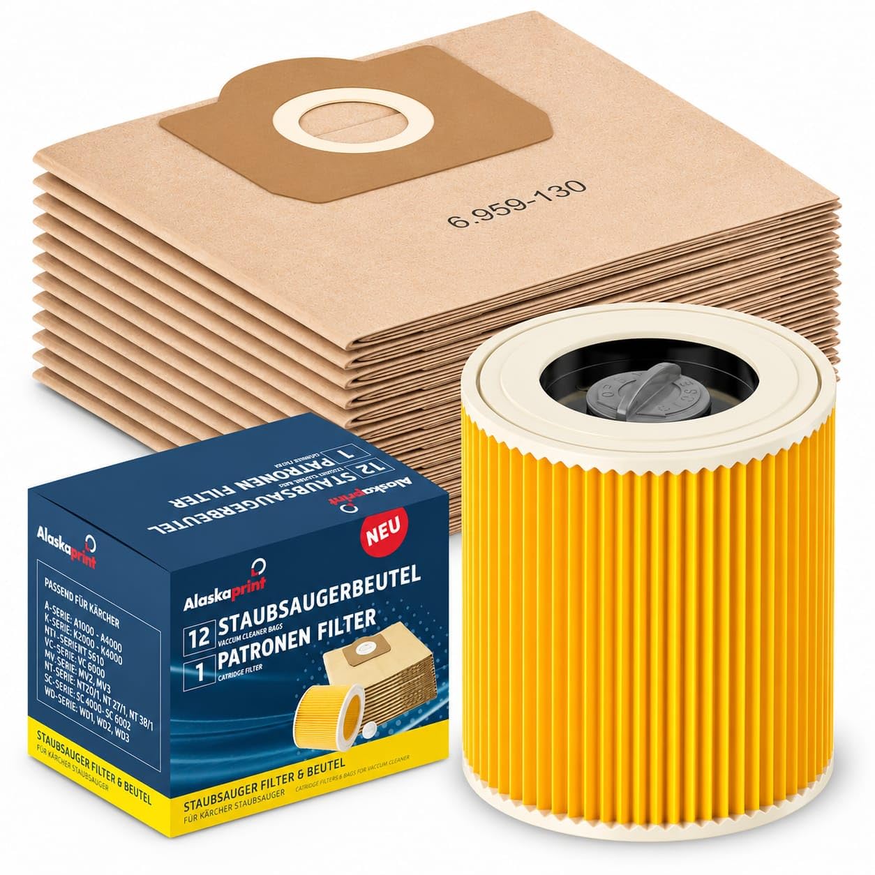 Alaskaprint 12 Staubsaugerbeutel & 1 Filter kompatibel mit Kärcher WD3 WD2 | 12er Set Staubsaugerbeutel + ein Filter Ersatz für Kärcher WD3 Beutel 6.959-130.0, 6.414-552.0 Für Nass- und Trockensauger