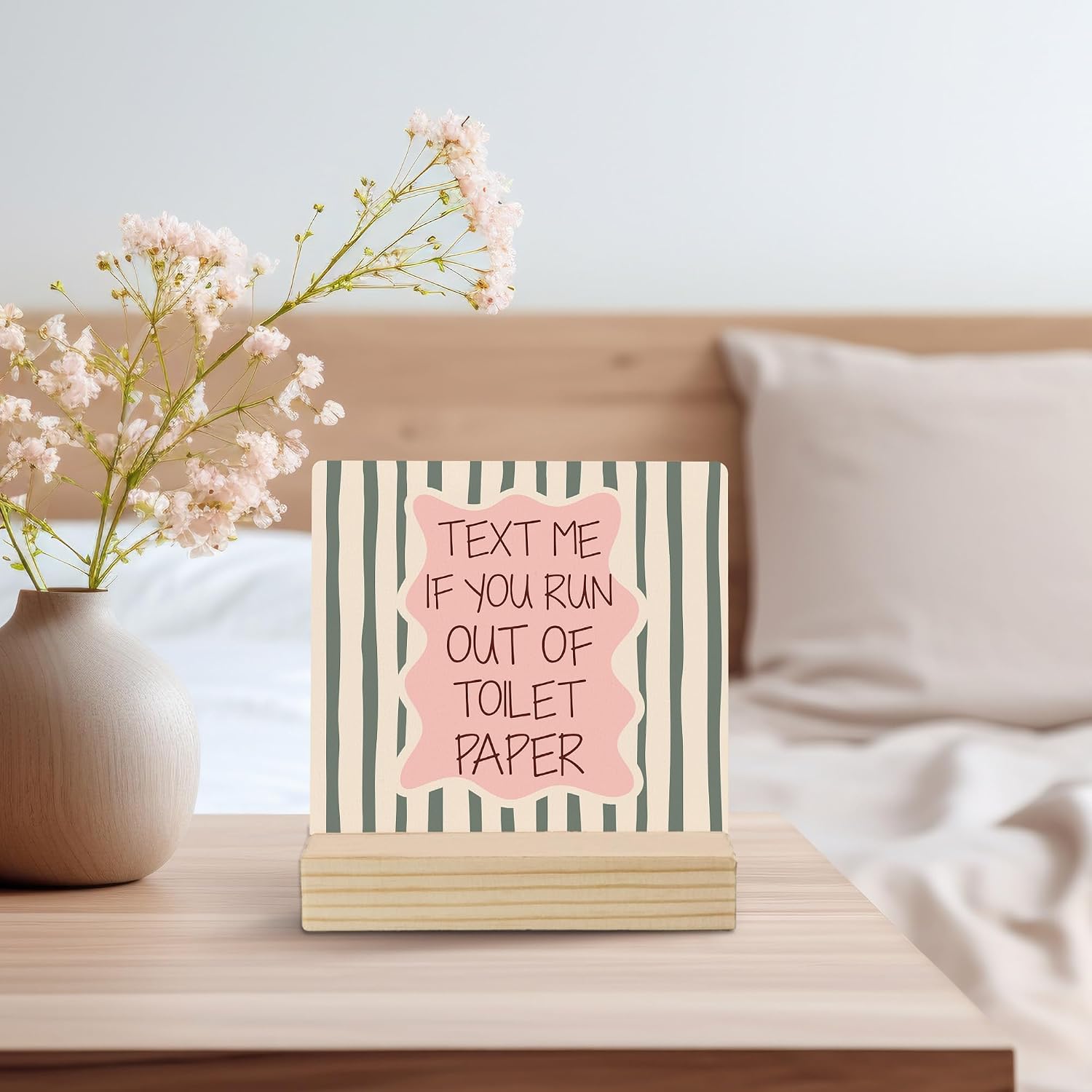 Funny Bathroom Decor, Trendy Retro Text Me If You Run Out of Toilet Paper Decorative Signs & Plaques, Funny Desk Sign with Wooden Stand for Guest Bathroom Washroom Counter Shelf Table Decor image 4