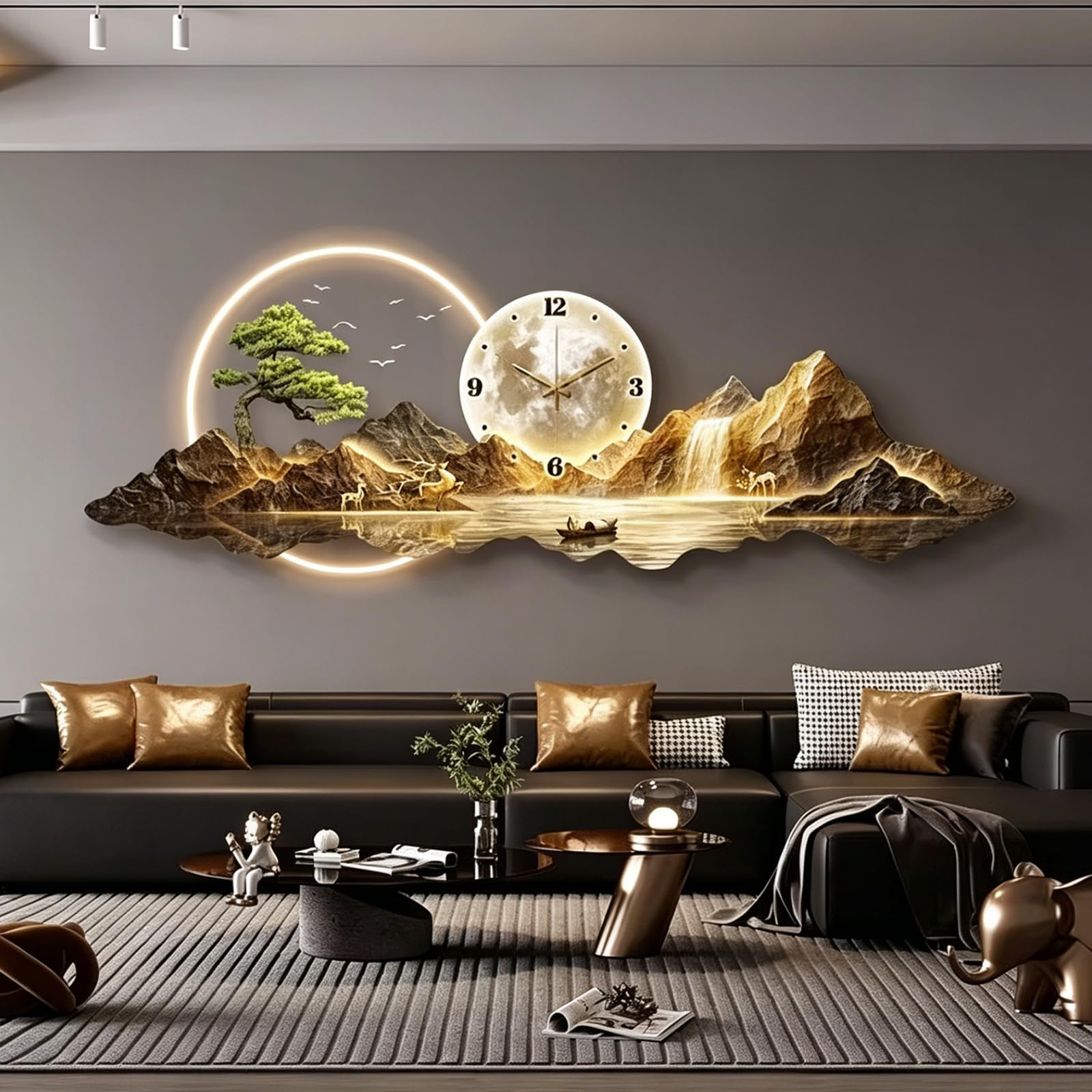 Large Wall Art Clock with LED Light, 3D Mountain Landscape Wall Art Decor with Warm Glow, Modern Home Decorative Silent Wall Clocks for Living Room Bedroom Entryway style-B 70.87×23.62 in(180*60cm)