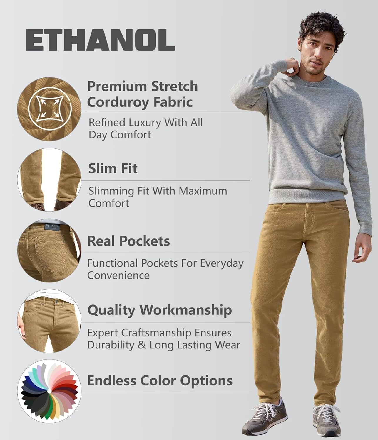 ETHANOL Men's Slim Stretchy Casual Corduroy Pant - Image 4
