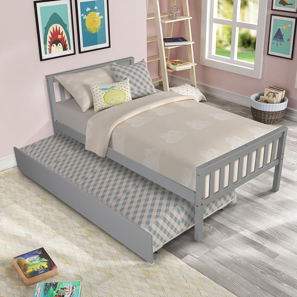 Twin Size Platform Bed with Trundle Headboard Space Saving 250lbs Load Capacity Bed Frame for Kids Boys Girls Teens (202.5 x 106 x 85cm) Grey One Size