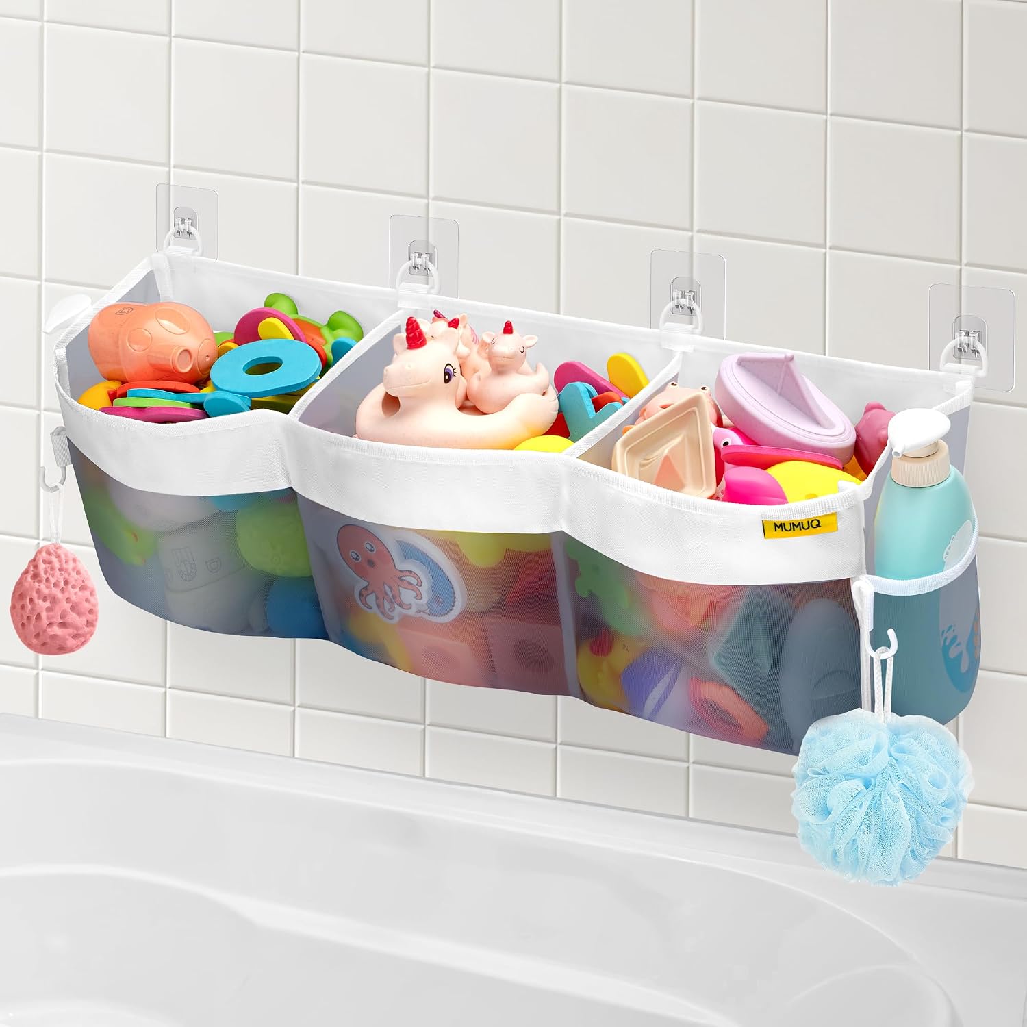 3 Compartments Bath Toy Storage Bag, Quick Access Bath Toy Holder Baby Shower Games Tub Quick Dry Baby Bathtub Toys Organisor Accessory, Shower Caddy Grey