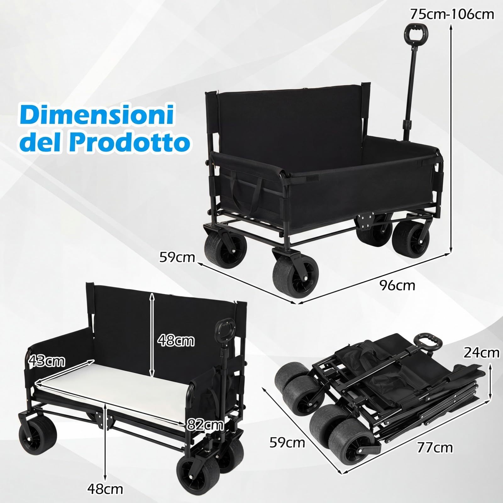 COSTWAY 2 in 1 Carrello Pieghevole con Panca, Carrello Trasportabile con Maniglia Regolabile, Cuscini Morbidi e Ruote, Carrello da Giardino in 600D Oxford, 80 kg, 85 L, per Campeggio e Spiaggia (Nero)