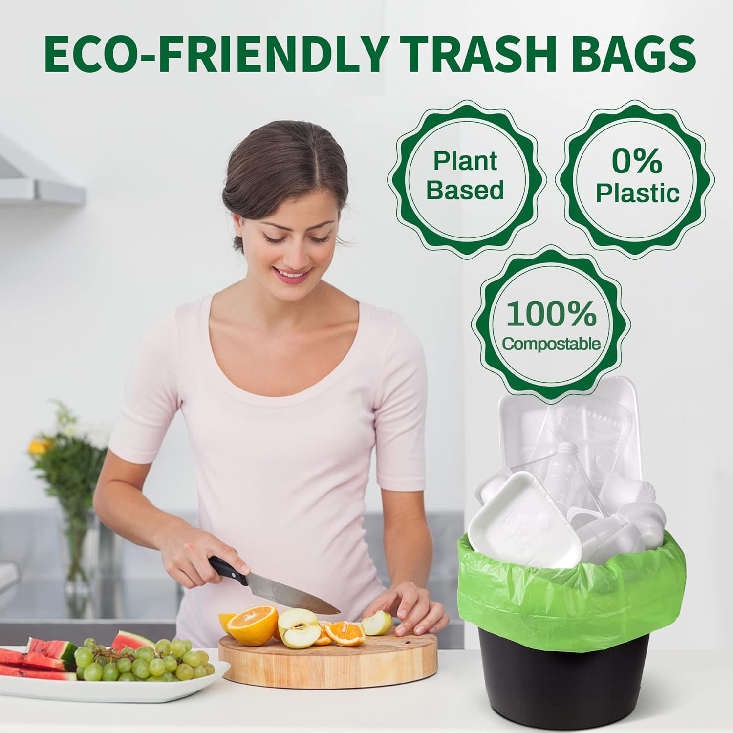 100% Compostable Trash Bags 5 8 Gallon 100 Counts Compost Small Garbage Bag for Kitchen Bathroom BPI Certified, Green