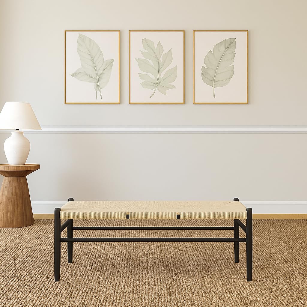 Nicholas Winter Wooden Dining Bench - Black/Natural Woven Rope Seat - 120cm Mid-Century Modern Scandinavian Style - Durable Seating for Dining Room Hallway Office Café