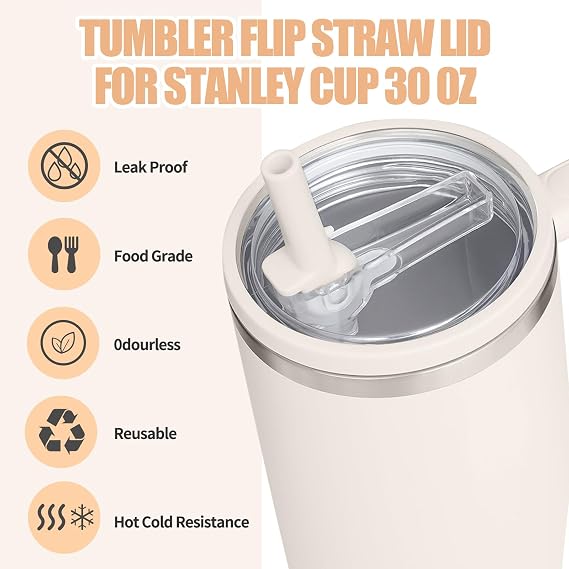 2 Pack 30 oz Tumbler Flip Straw Leak Proof Lid Replacement Fit for Stanley Quencher,30 oz Tumbler Lid Replacement for Stanley Cup,No Spill Proof Straw Cover for Stanley Cup Accessories (Cream White)