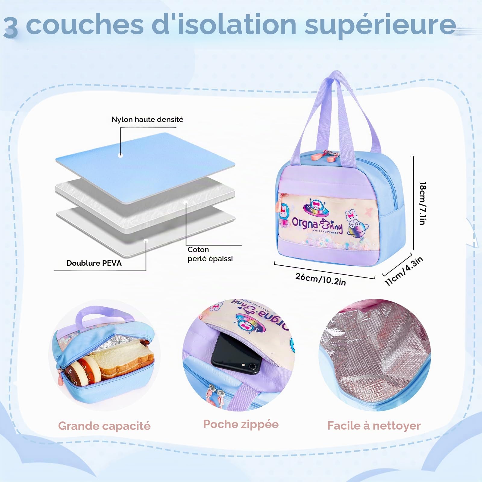 Tanou Sac d'école Fille Primaire, Cartable Scolaire Kawaii en 3 Pièces | Léger et Confortable Sac à Dos Fille avec Sac repas et Trousses, CE1 au CM2, Bleu