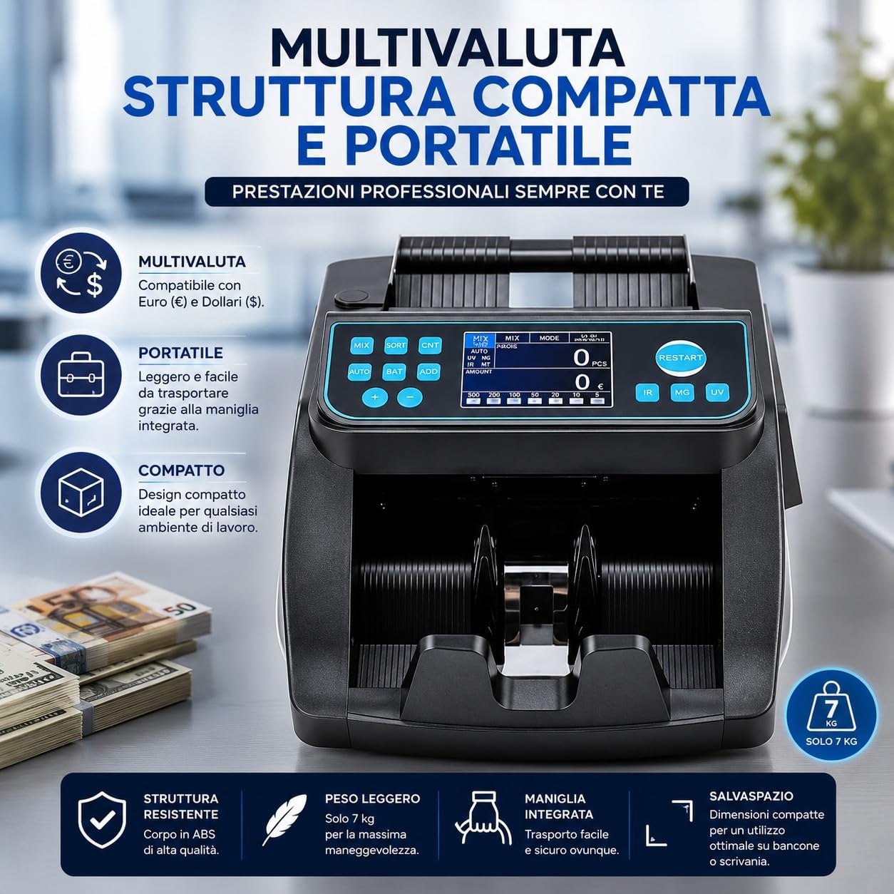 Macchina Contabanconote Professionale Multivaluta Euro Dollari Contatore Misto con Rilevatore Banconote False UV MG Doppio Display LCD Conteggio 1000 Banconote/min