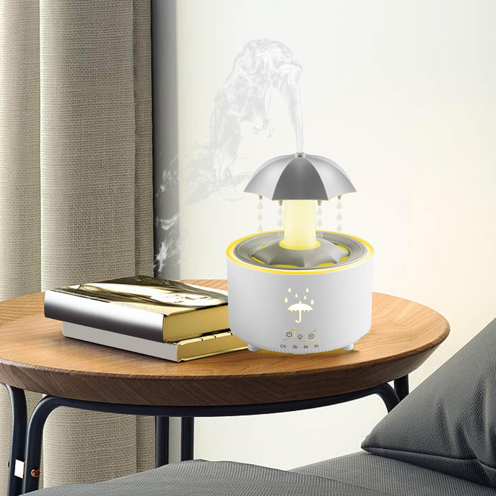 perfk Umidificatore a Goccia Rotante con Ombrello, Purificatore di Oli Essenziali 300ml, 10-30H di Durata, 7 LED Colori, 2/4/8H Timer, 36dB Silenzioso, Diffusore Ambiente per Camera, Ufficio, Bianco