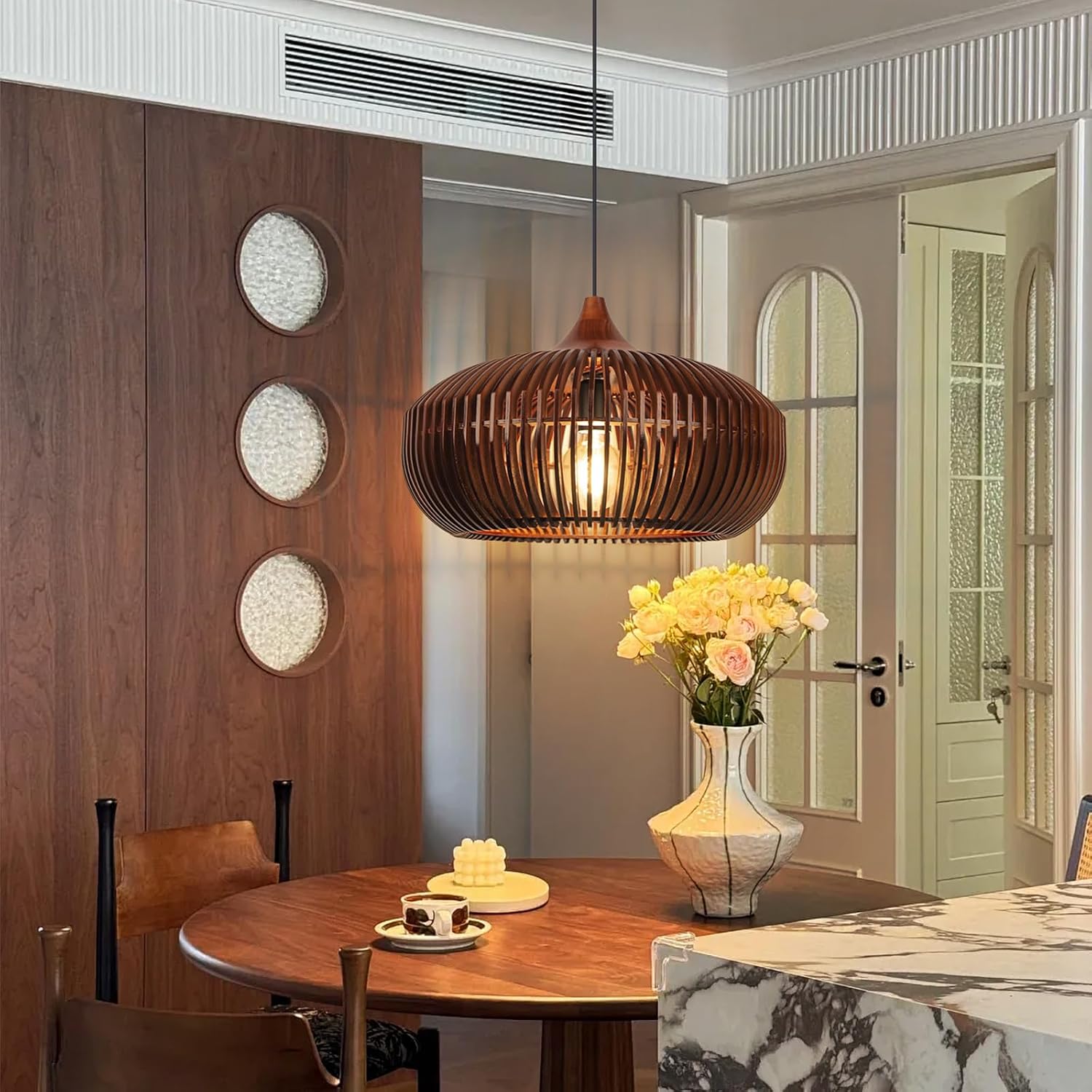 Wooden Pendant Lights, 16.89" 1-Light Wood Chandelier Coffee Lampshade Ceiling Fixture with Lamp Shade, Coastal Hanging Lighting for Dining Room Kitchen Island