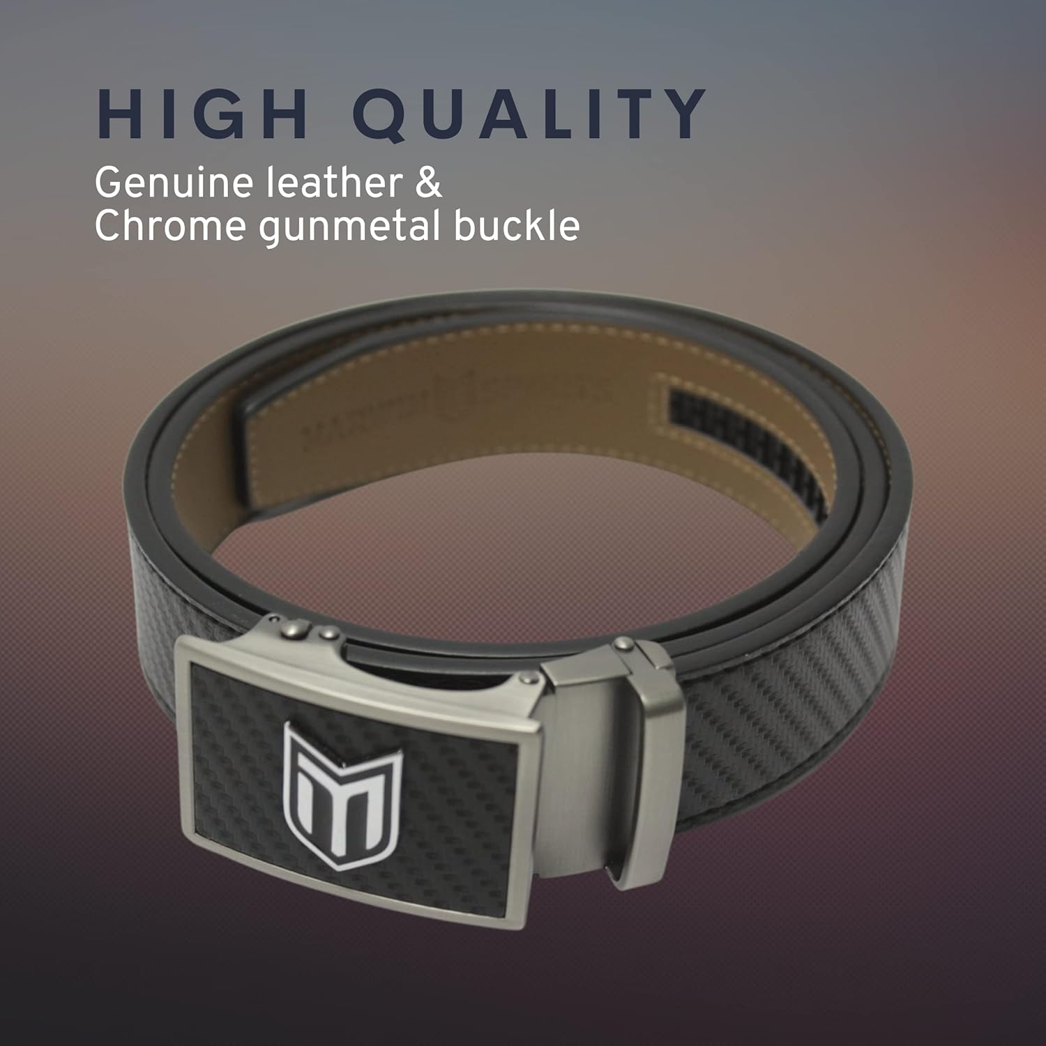 Marwin Sports Carbon Perfect Fit Ratchet Customizable Dress Casual Genuine Leather Belt with Gunmetal Chrome Embossed Buckle