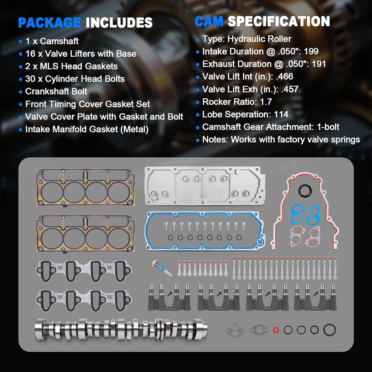 NON AFM DOD Disable Kit 5.3L with Camshaft, Lifters, Head Gasket Set & Bolts, Fit for 2007-2013 Chevy Silverado/Tahoe/Avalanche, GMC Sierra/Yukon 5.3L V8 Truck SUV