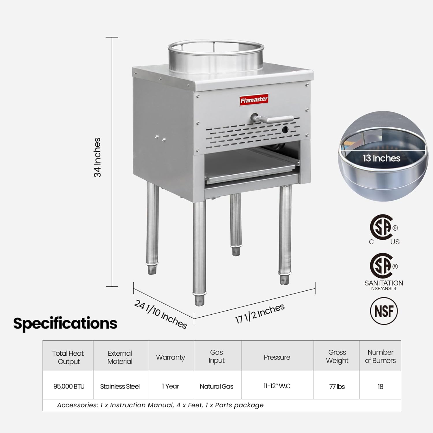 Professional 18" Commercial Wok Range with 13″ Ring 95000 BTU Natural Gas Powered Burner, Heavy-Duty Stainless Steel for Chinese Restaurant & Stir Fry Cooking - Energy Efficient, Easy Clean