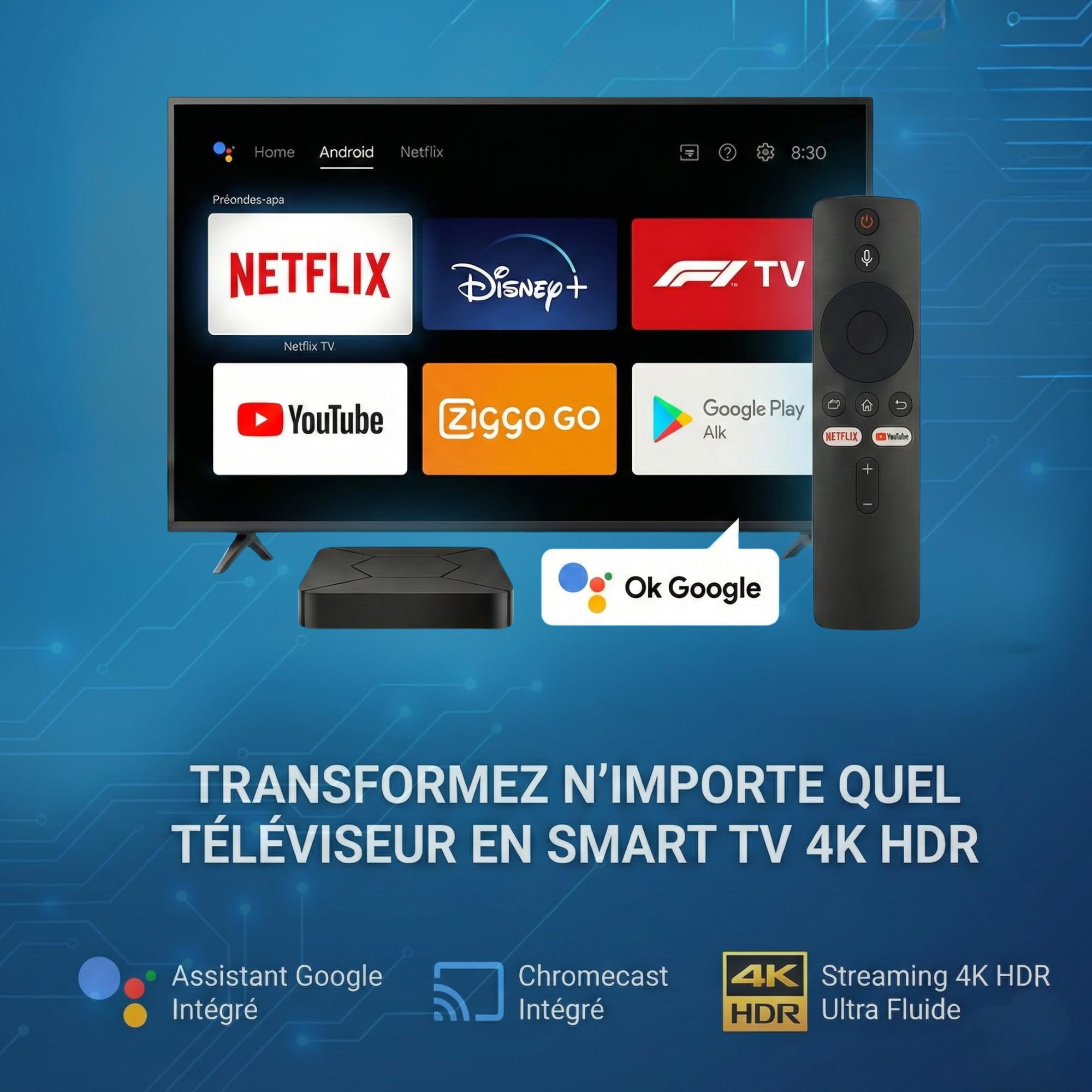 Android TV Box 4K with Chromecast, Smart TV Box Streaming Device, WiFi & Bluetooth, Google Assistant, Netflix Support, Multimedia Player, IPTV Ready, Home Entertainment Solution