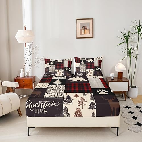 Miniatura 100 de Sábana bajera ajustable de oso de caza, juego de ropa de cama a cuadros de búfalo, sábanas de retazos de cabaña rústica para niños, niños, Multi