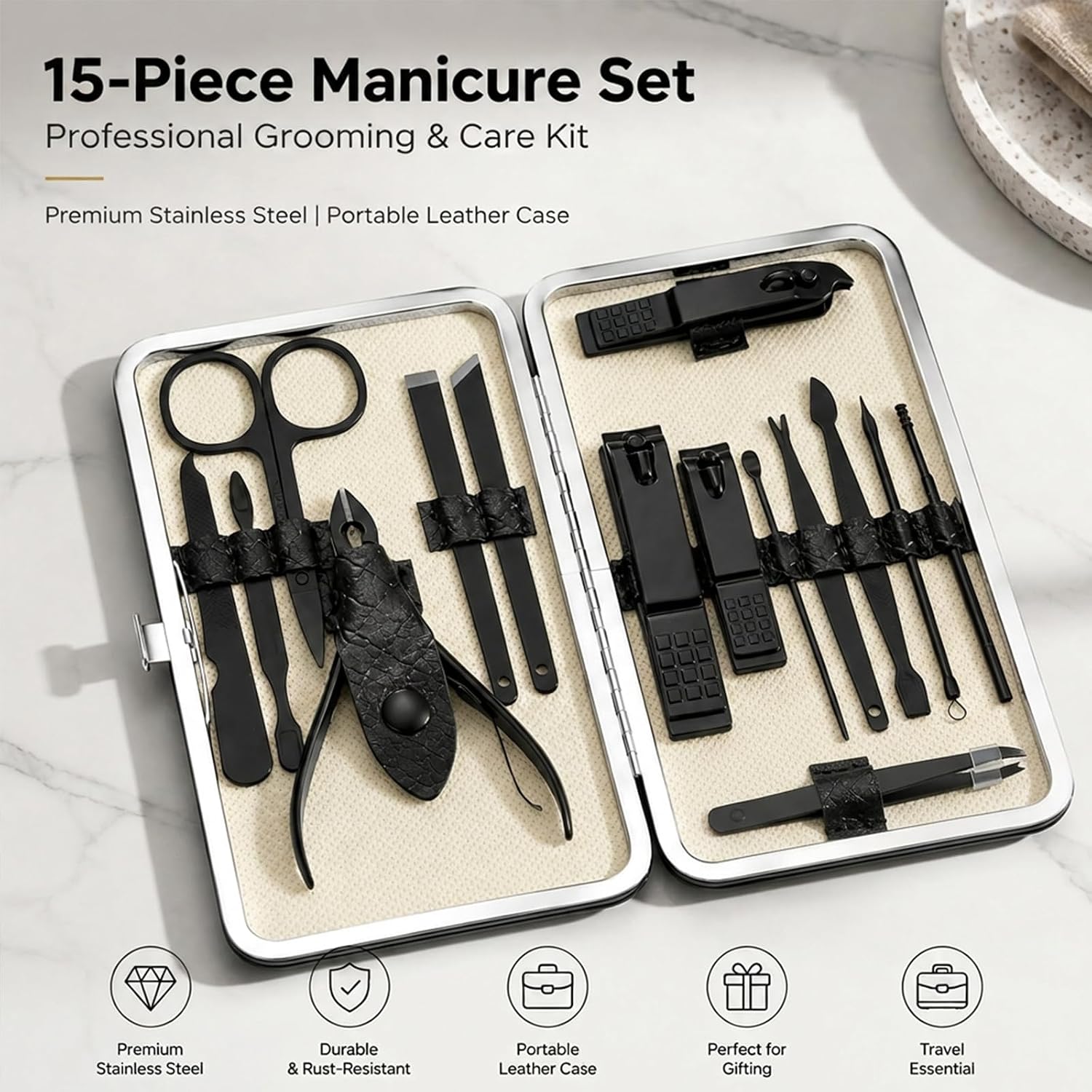 15-Pc Manicure Set, Gift Ideal, Stocking Stuffers for Men and Teen Boy image 2