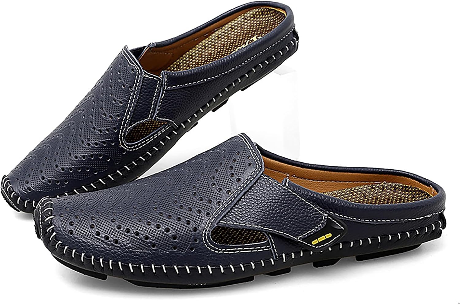 Men's Hollow Closed Toe Sandals Fashion Soft Hand Stitched Hook & Loop Leather Slip-On Fisherman Mules Summer Outdoor Driving Walking Casual Beach Shoes