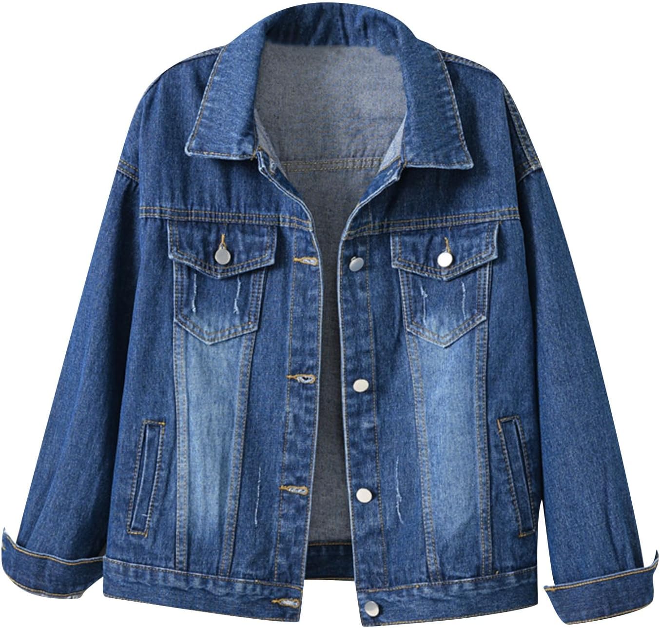 eilrgd Women Denim Jackets Oversized Distressed Spring Fall Lapel Long Sleeve Lightweight Button Jean Coat Plus Size Shackets