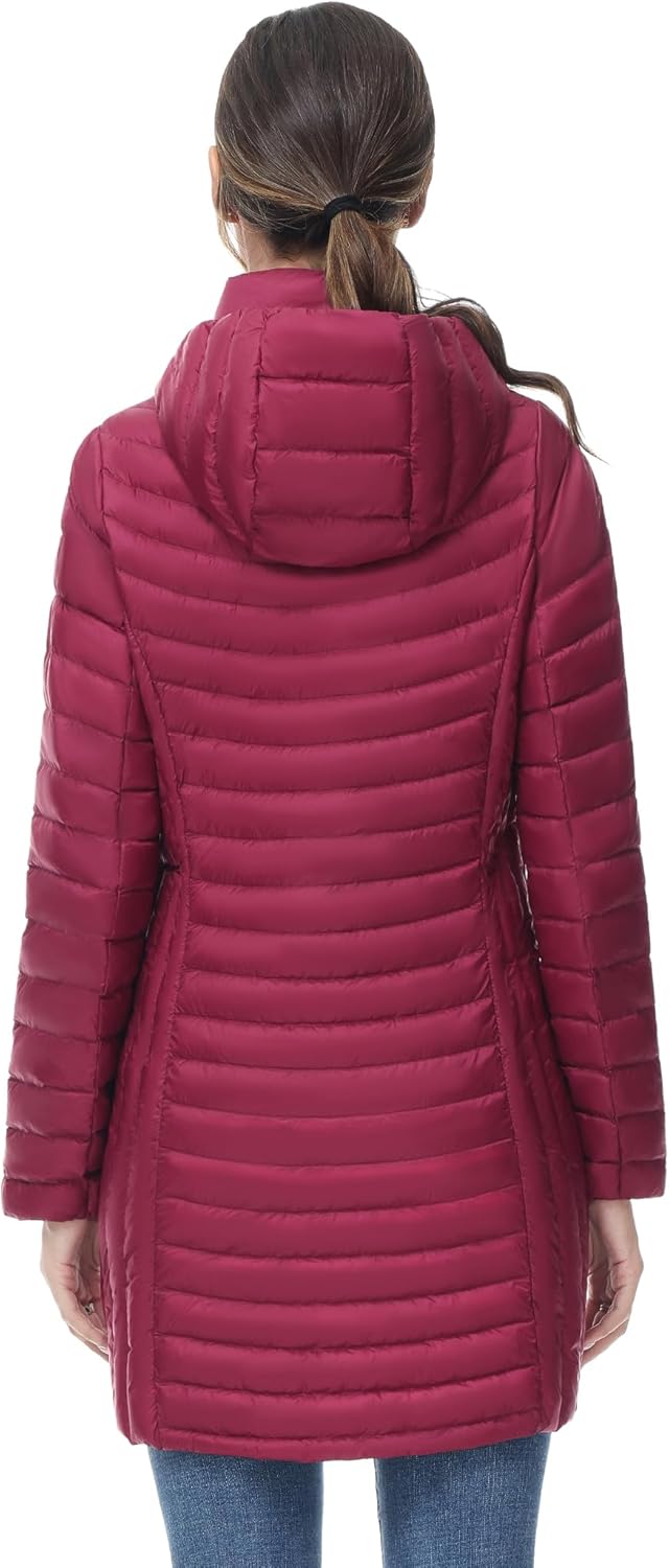 SLOW DOWN Women Ultra Light Down Jacket Packable Puffer Jacket Coat Hooded Mid Length Winter Outwear - Image 3
