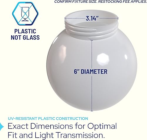 Miniatura 2 de KastLite Lente de globo de acrílico blanco de 6 pulgadas con cuello de tornillo de 3.14 pulgadas, repuesto de cubierta de lámpara de poste de globo