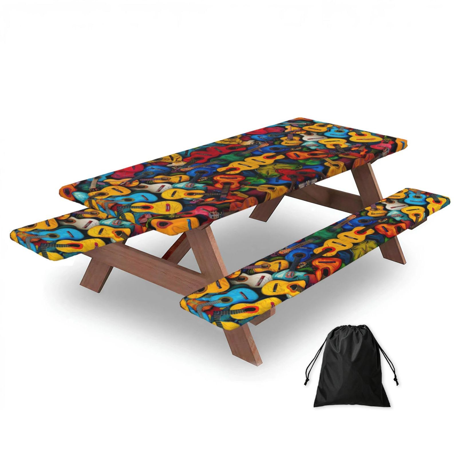 Zyjhyy Black Color Acoustic And Guitars Print 3 Pack Wipeable Picnic Bench Cover And Table Cover Lightweight Table Cloth For Camping Outdoor