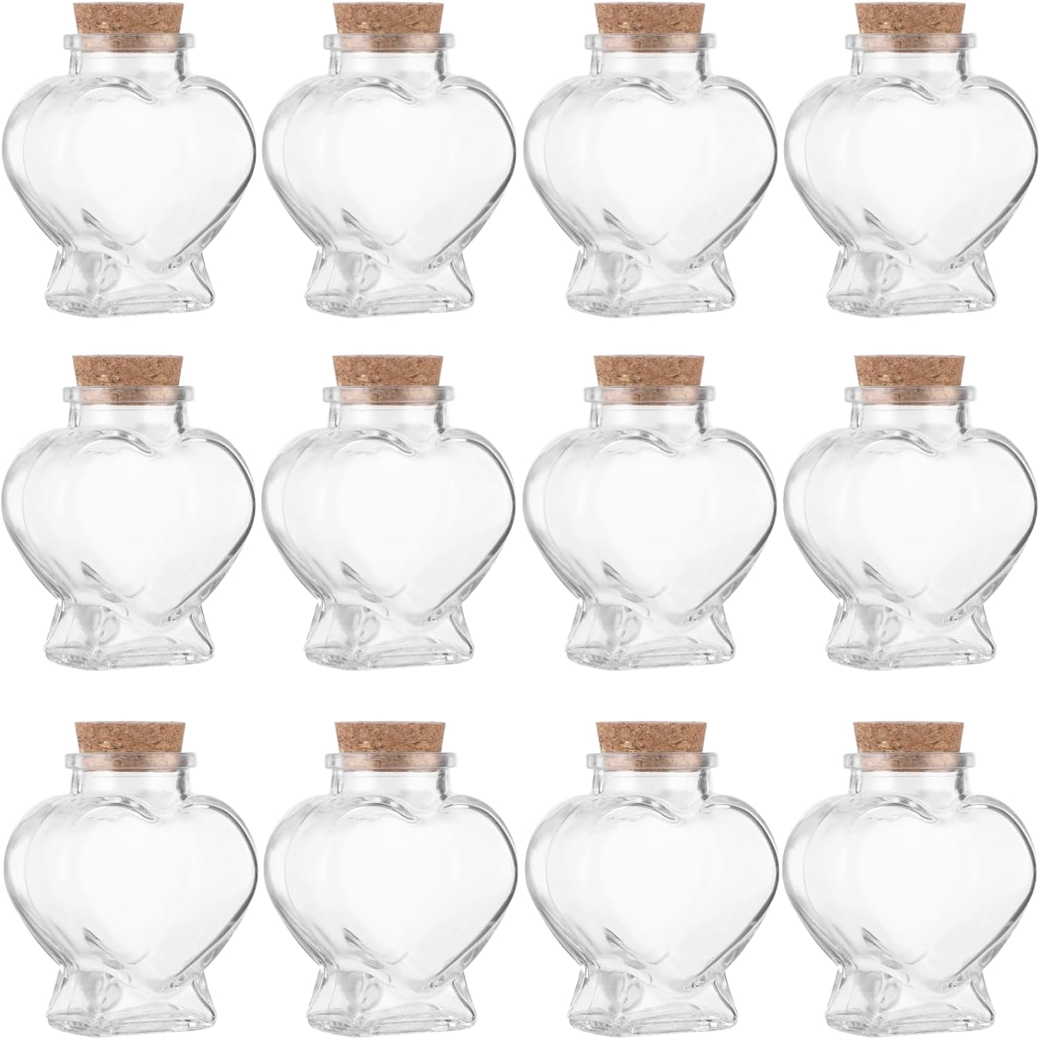 12 Pcs Glass Heart Mini Jars with Cork, Clear Small Bottles for Wedding Favors and Message Crafts, DIY Decorative Storage and Present Containers, 12 Count