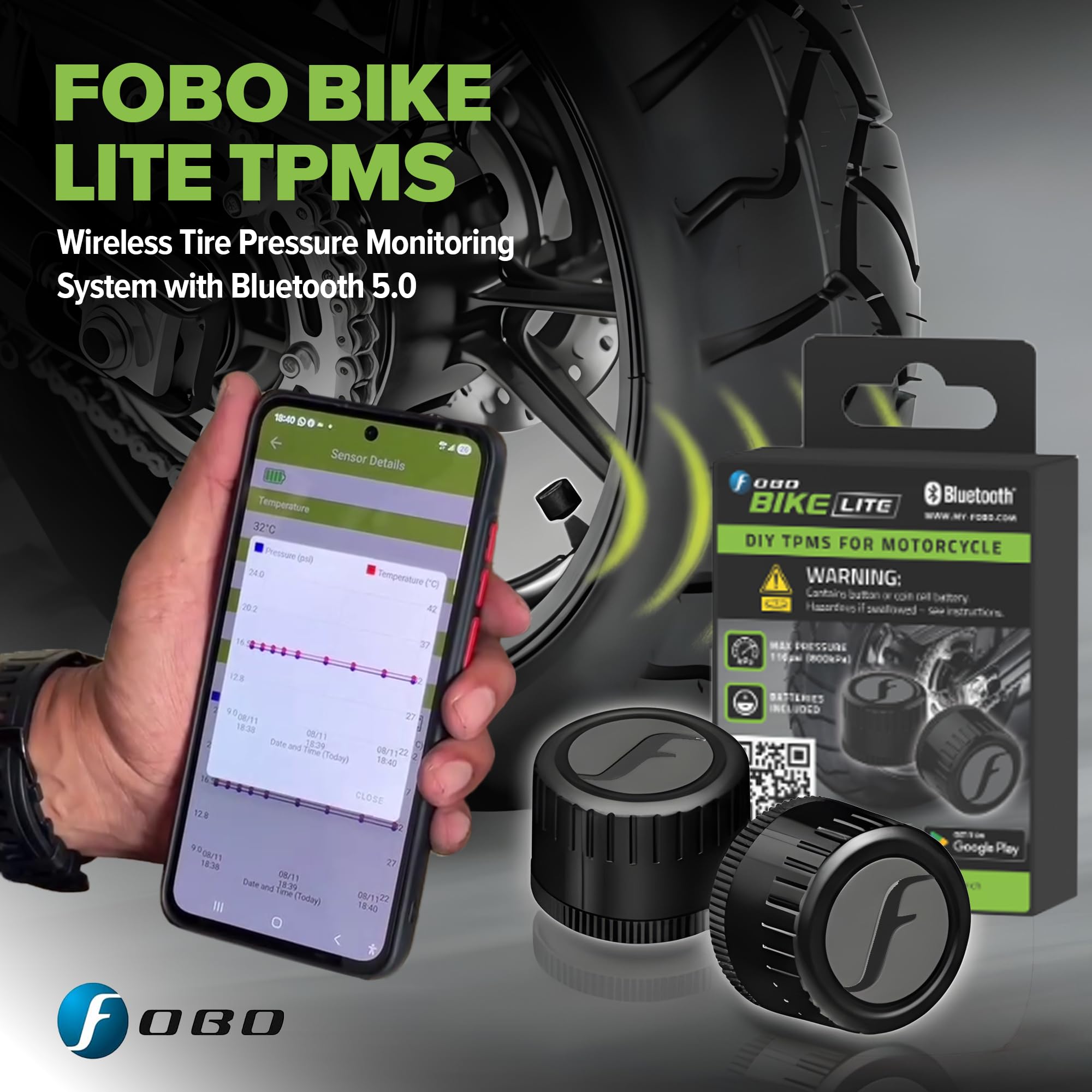 FOBO Bike LITE Reifendruck-Kontrollsystem mit App - Intelligentes Bluetooth 5.0 Reifendrucksensor Reifendruckkontrollsystem für Motorräder Reifendruckmesser Reifendruckprüfer Manometer - Schwarz